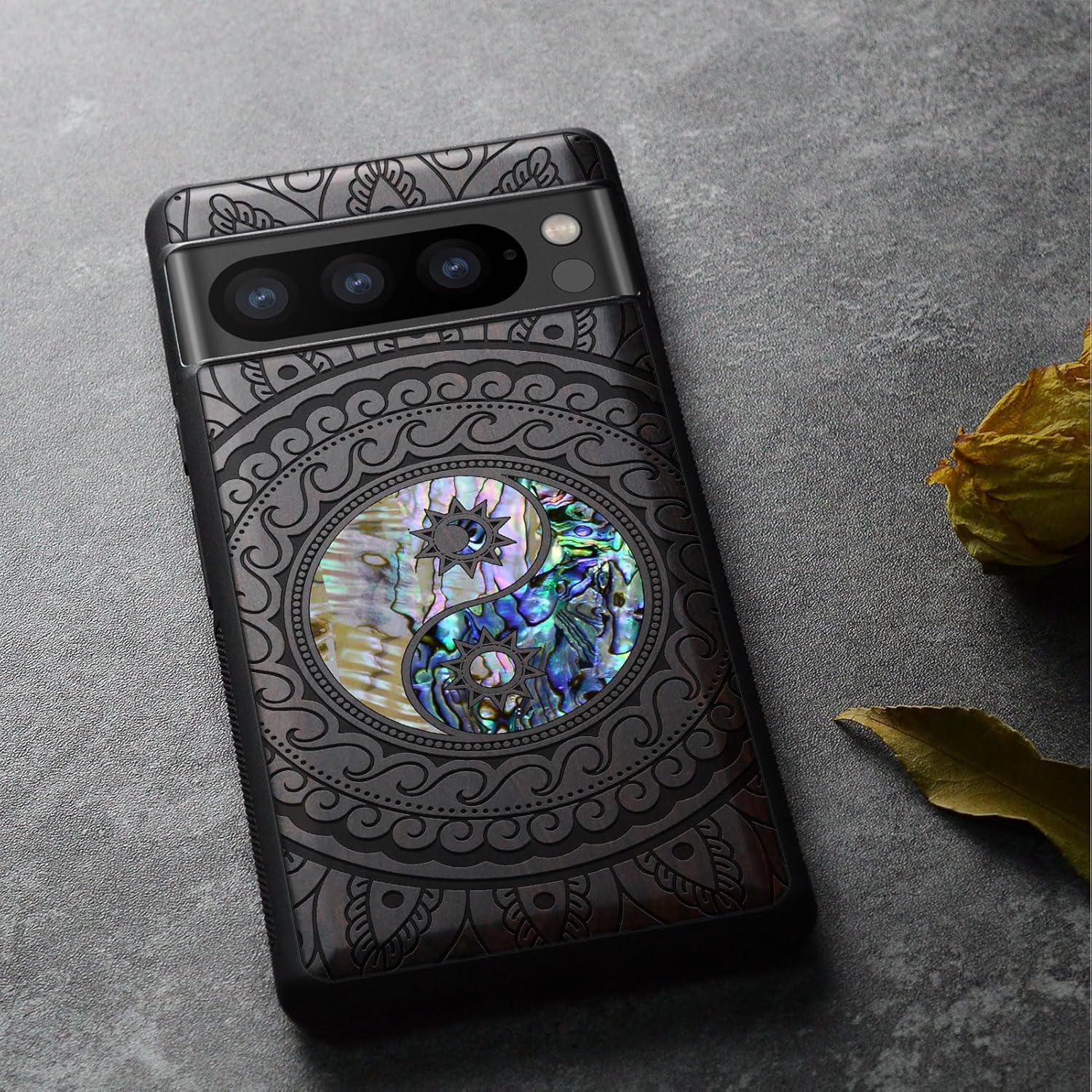 Carveit Designer Wooden Case for Google Pixel 8 Pro Case Cover [Wood Engraving & Shell Inlay] Compatible with Wireless Chargers Pixel 8 Pro (Yin Yang Paisley-Blackwood)