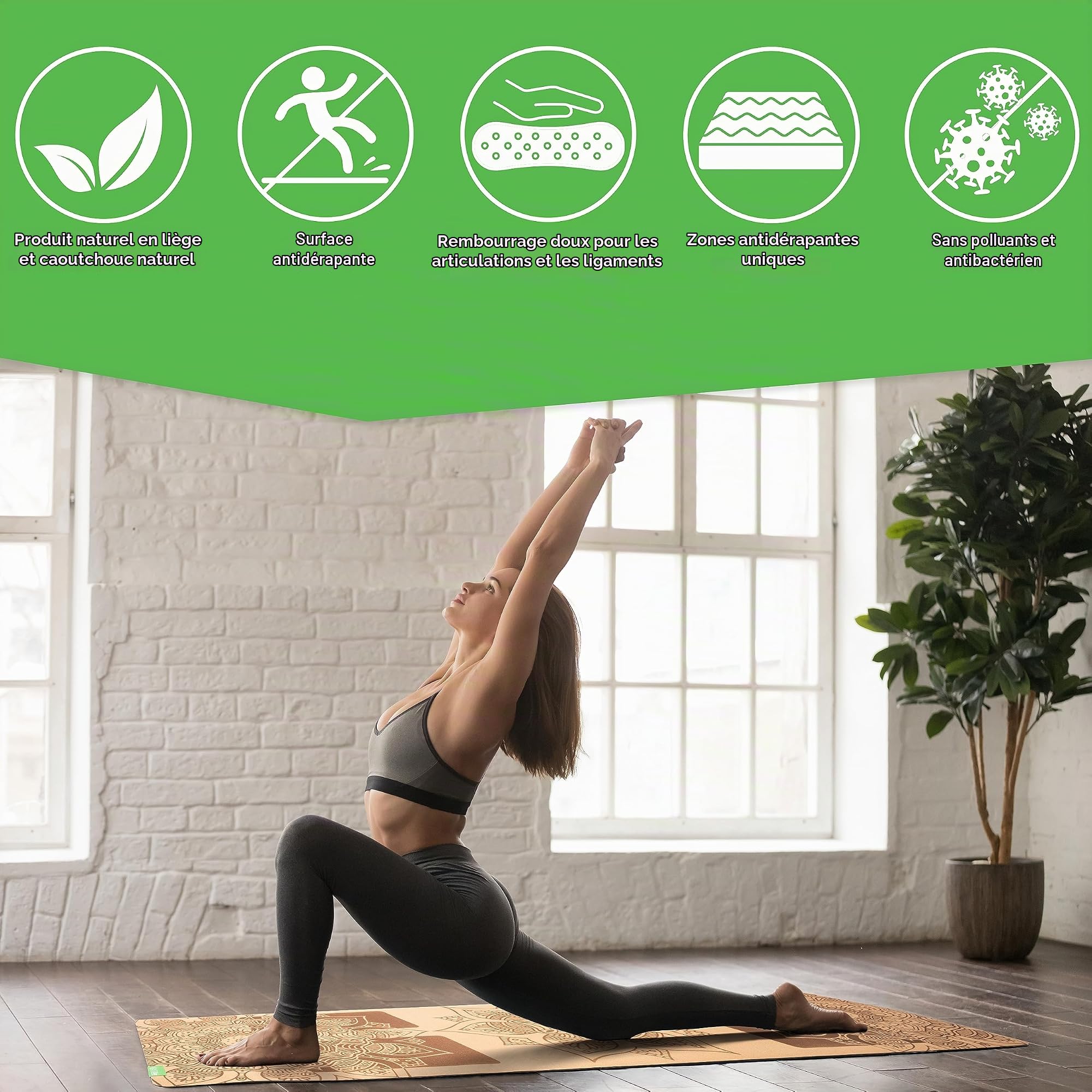 BACKLAXX® Tapis de Yoga en Liège et Caoutchouc Naturel, Antidérapant 4 mm