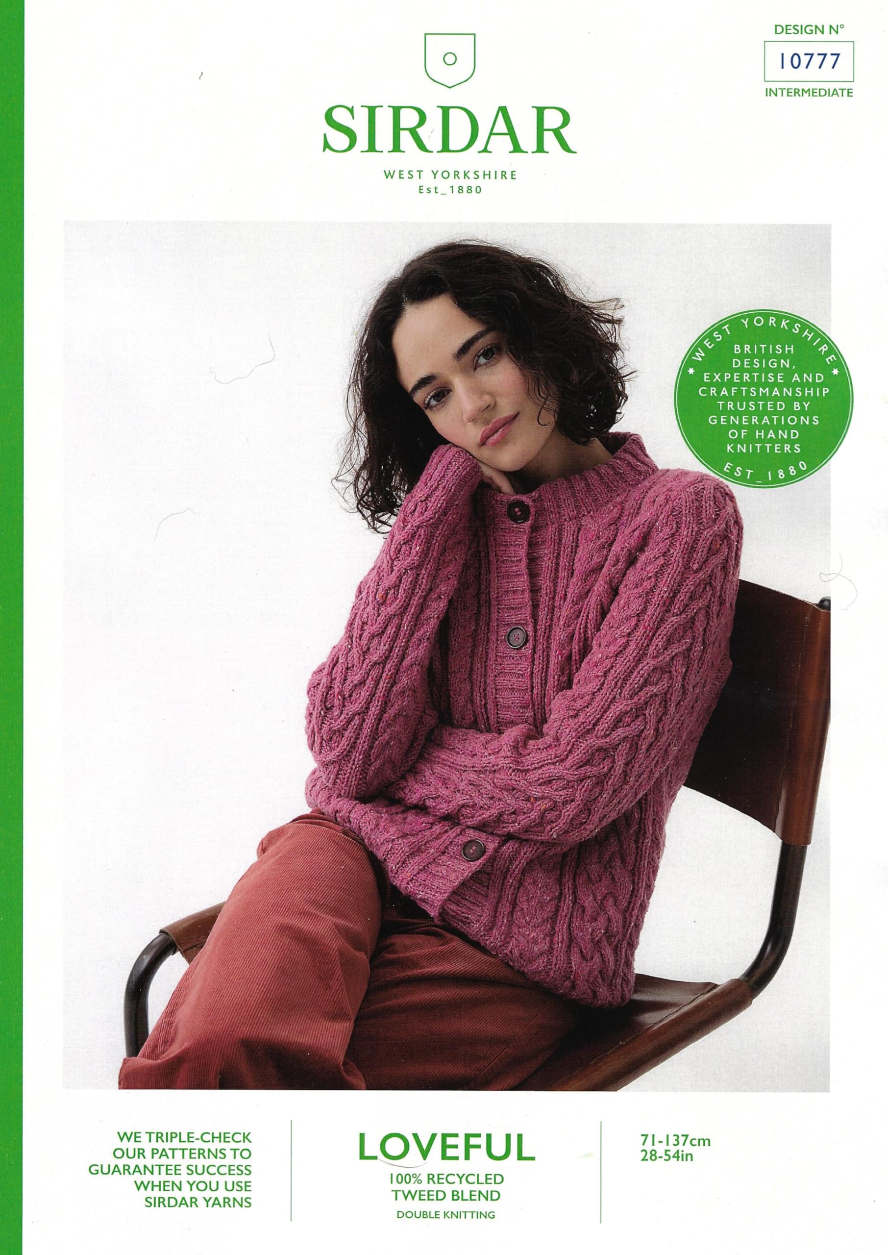 Sirdar Knitting Pattern 10777 – Ladies Cabled Cardigan in Double Knit Yarn