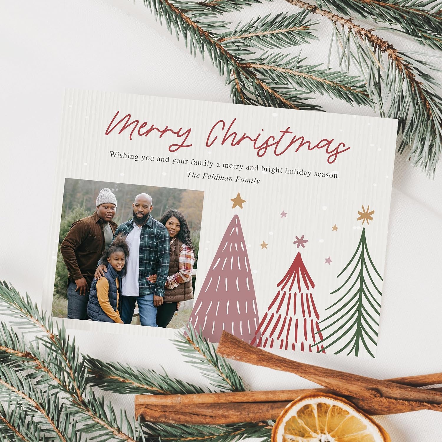 Personalized Christmas Tree Photo Cards 5x7, Family Red and Green Holiday Printed Notecards with Envelopes