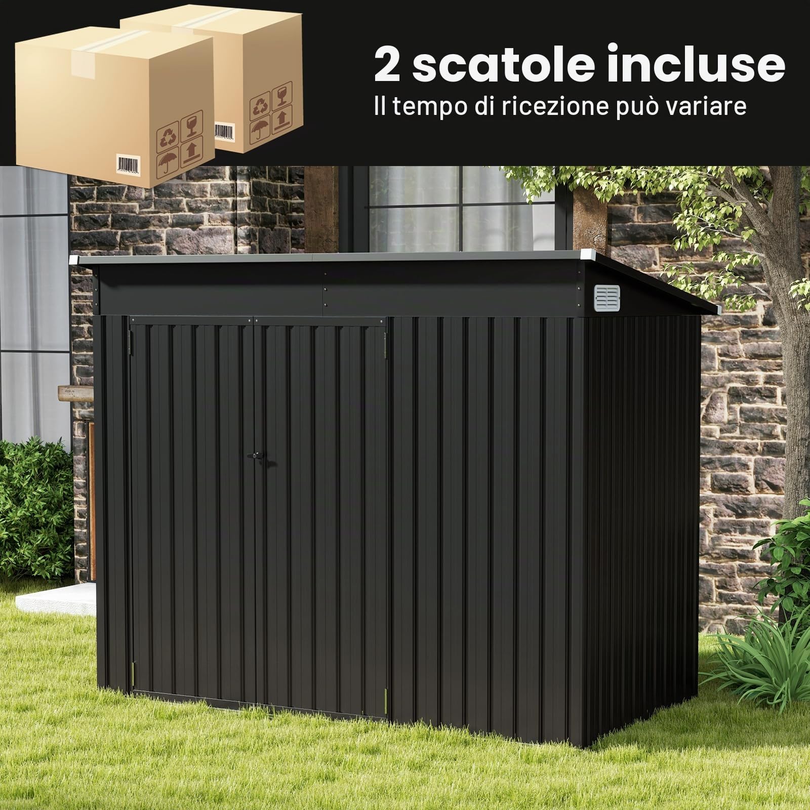 HOMASIS Casetta Attrezzi Giardino in Metallo, Capanno per Attrezzi con 2 Porte e 2 Finestre per Ventilazione, 235 x 117 x 185 cm, Ripostiglio da Esterno con 2 Paia di Guanti (Grigio Scuro)