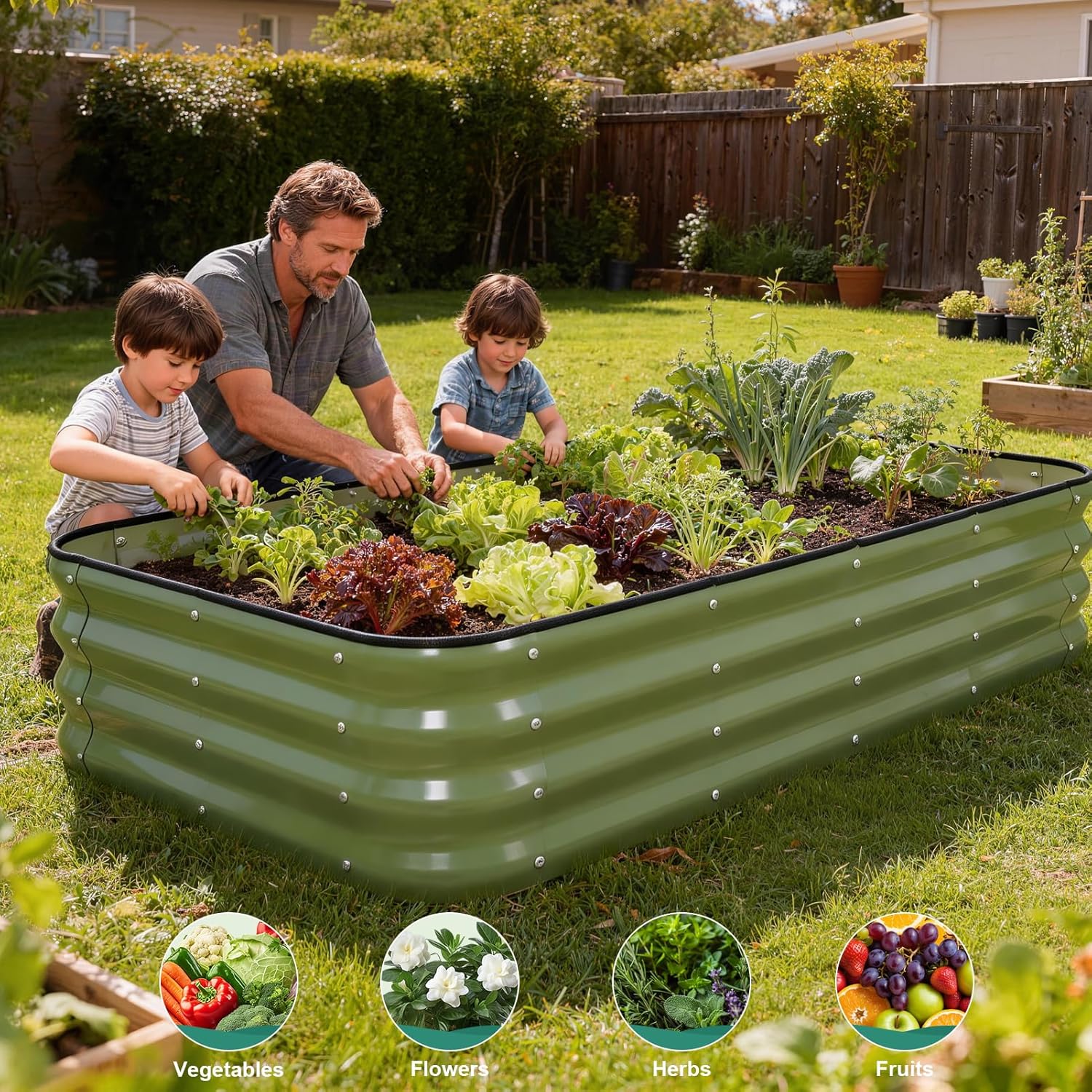 4 in 1Galvanized Raised Garden Bed - 5x3x1ft Modular Garden Planter Bed Outdoor | Steel Raised Bed Kit with Bracing Rods, Gloves for Gardening Vegetables Fruits and Flowers (Green)