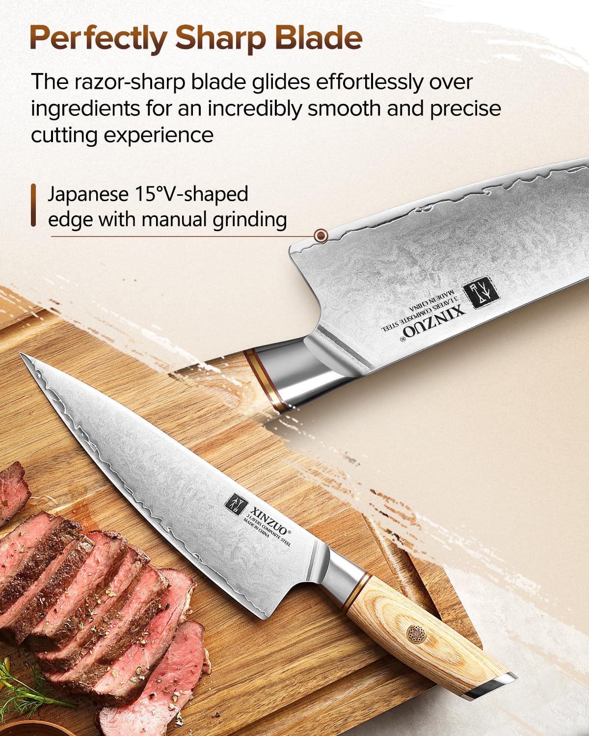 XINZUO Cuchillo de Chef y de Cocinero Profesional 21.2cm - Cuchillo Gyuto Afilado de Cocina 10Cr15CoMoV de Acero Compuesto de 3 Capas - Mango de Madera Pakka