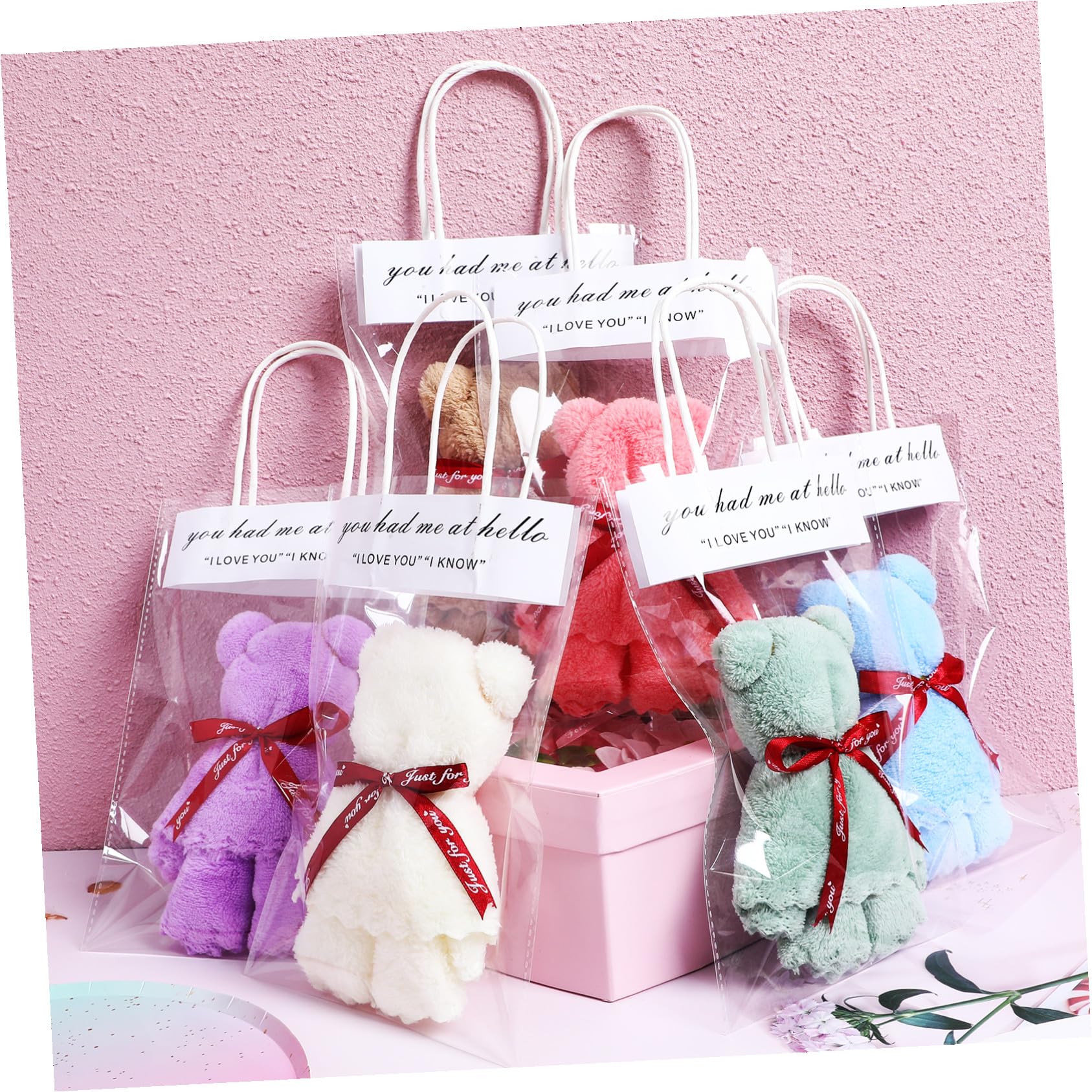 BESTonZON Lingettes Nettoyantes Visage Ours 12 Pièces en Polaire Corail | Lot Paquet Transparent, Doux Peau, Rangement Facile, Présent pour Fête et Mariage