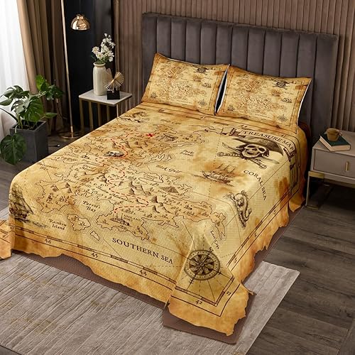 Juego de cama de 2 piezas, diseño de mapa náutico, brújula, barco pirata, para niños, adolescentes, adultos, decoración de dormitorio, juego de