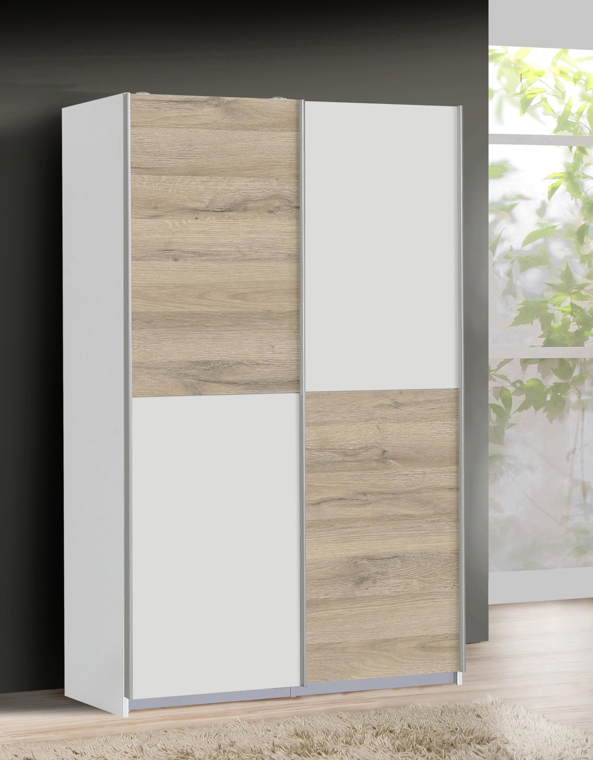 FORTE Ohio 40 Mehrzweckschrank modern, 2-türig mit Einlegeböden, Schwebetürenschrank, Garderobenschrank, Holzwerkstoff, Weiß mit Holz Dekor Sonoma Eiche, 120 cm breit x 42 cm tief x 190,5 cm hoch
