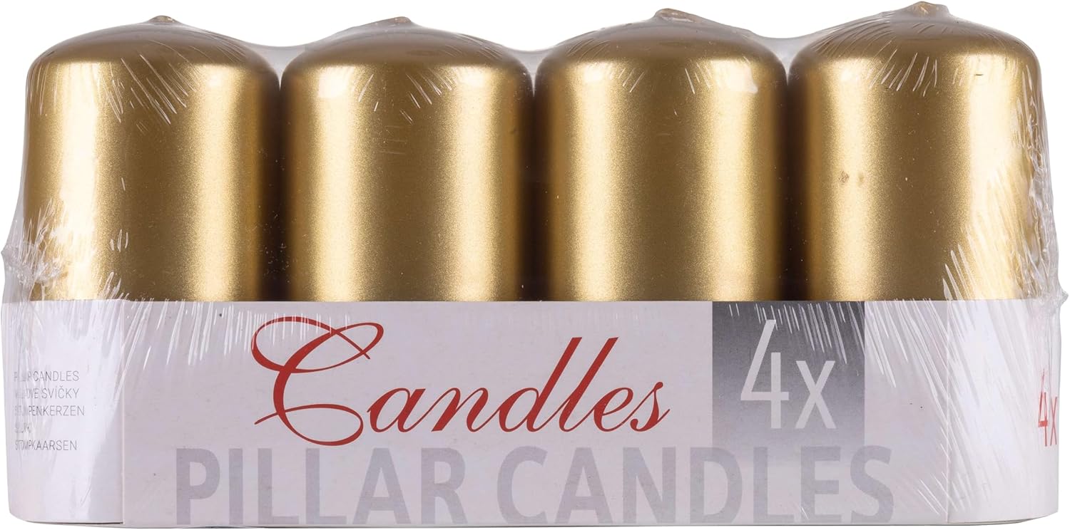 Lot de 4 bougies piliers laquées standards, 50 x 100 mm, bougies de table pour décoration, doré