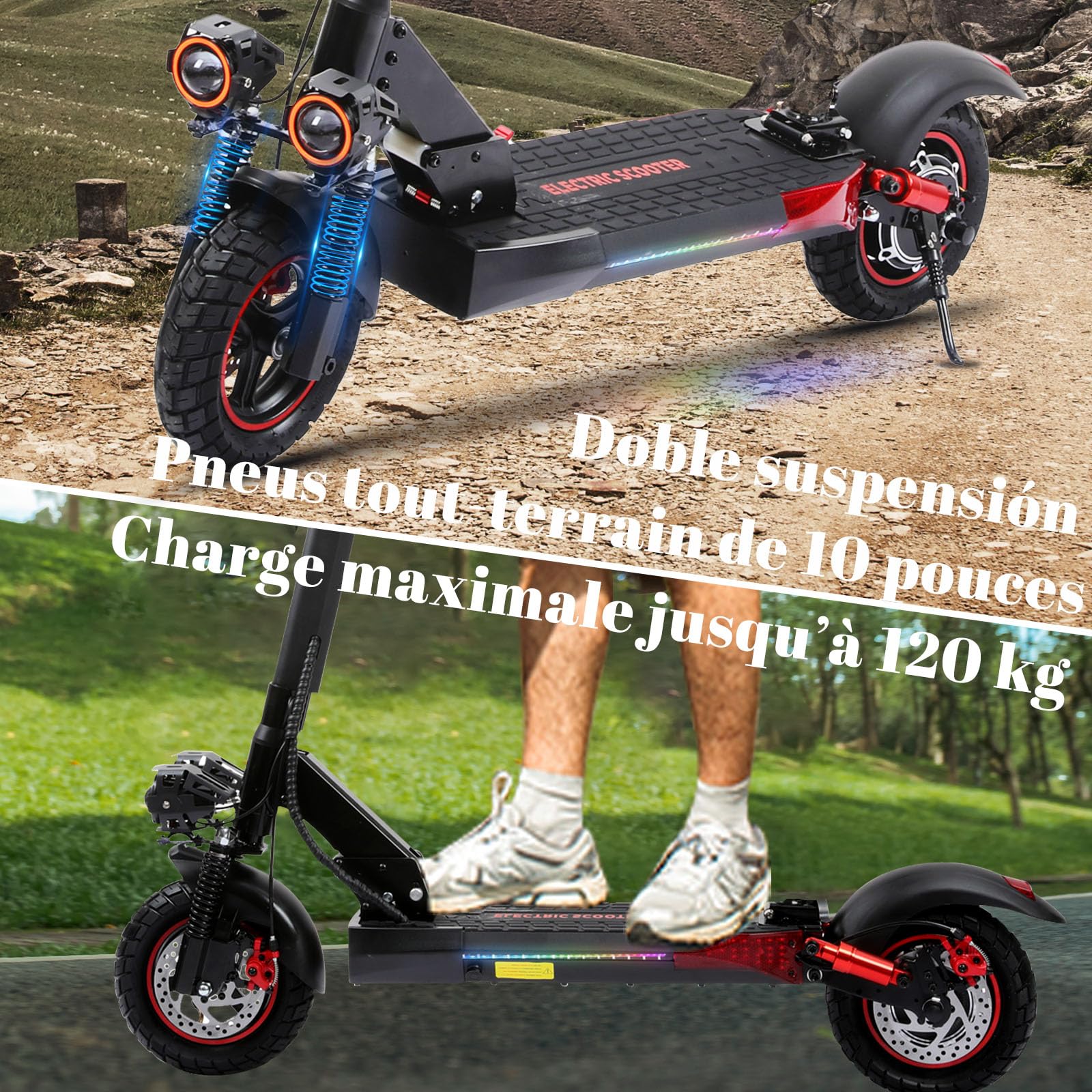 Trottinette Électrique Adulte 800W, Autonomie 40-45KM Batterie 48V 15Ah Trotinette Electrique Pliante Portable, Roues 10" Tout Terrain Double Suspension Frein à Disque Double Escooter