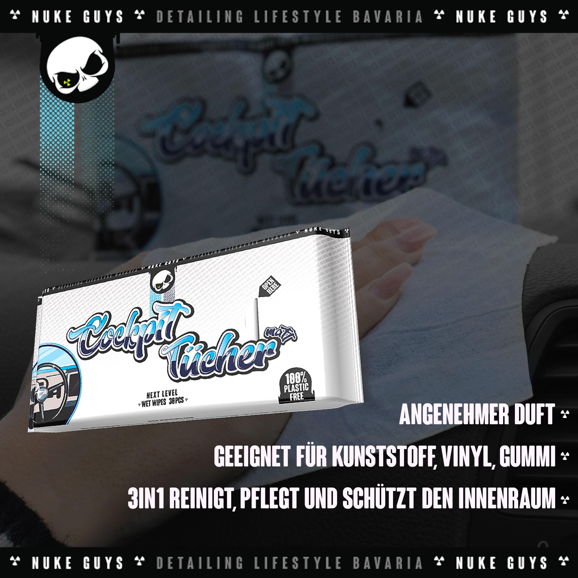 Nuke Guys Auto Reinigungsset Innenraum | Innenraumreiniger + Glasreiniger + 1x Fenstertuch + Auto Duft + Cockpit Tücher Matt + 1x Detailing Pinsel + 1x Mikrofasertuch | Autopflege Set