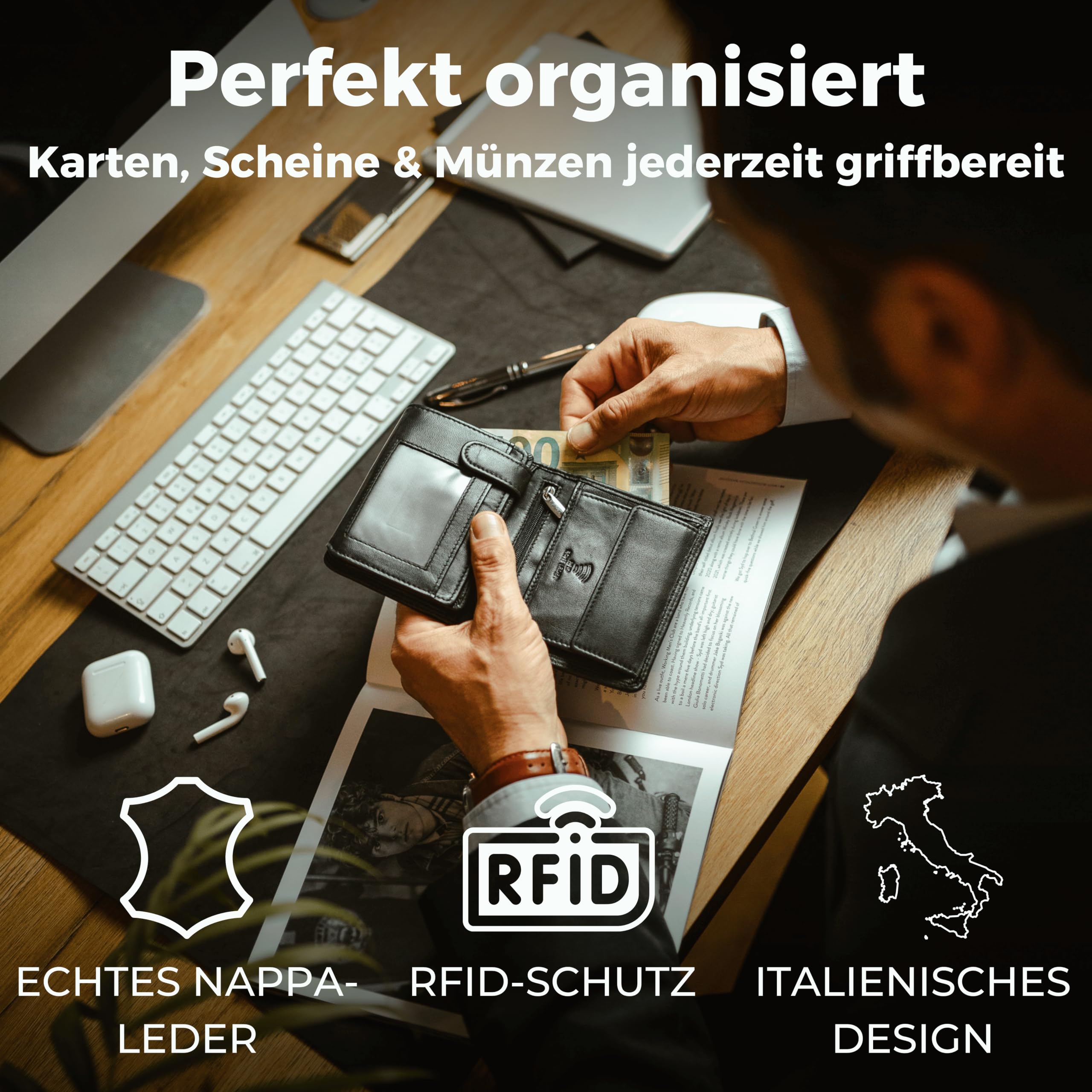 Baur Herren Geldbörse – Echtes Leder mit RFID-Schutz – Großes Portemonnaie im Hochformat aus Nappa-Leder mit 8 Kartenfächern – Großes Münzfach (Hochformat mit Druckknopf innen, Schwarz)