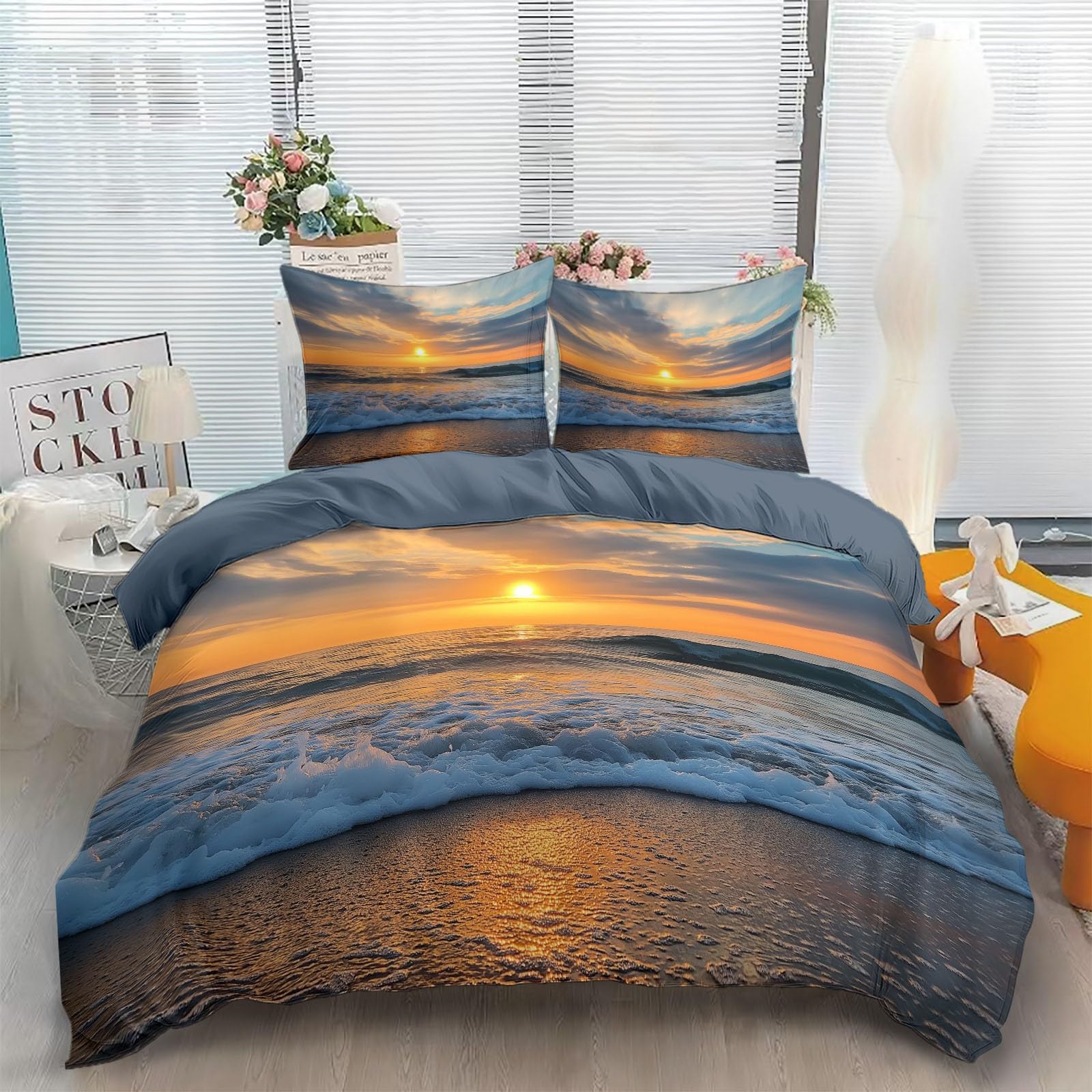 Generico Set Copripiumino Singolo Matrimoniale 240x220 cm Tramonto Vista Mare Copripiumino con 2 Federa 50x80 cm in Poliestere Cotone, Set Biancheria da Letto Morbido Anallergico