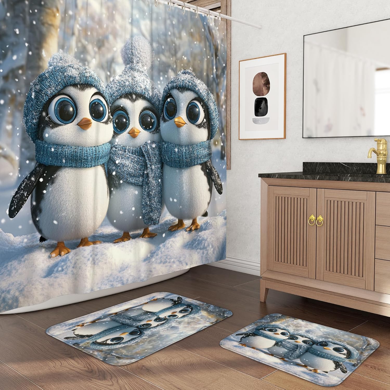3PCS Kid Fun Penguin Bathroom Accessory Set with Two Non-Slip Washable Bath Rugs (16x24&20x32), Winter Anime Animal Bathroom Mat Decorative-72''x72'''