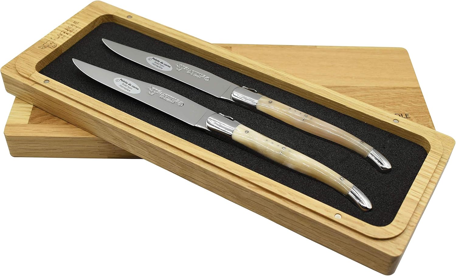 Laguiole en Aubrac Luxury Fully Forged Full Tang Stainless Steel Steak Knives 2-Piece Set with Solid Horn Handle, Stainless Steel Shiny Bolsters