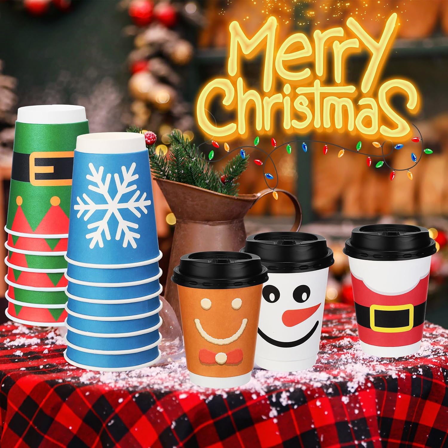 Umigy 100 Pack 12oz Christmas Hot Cocoa Cups Christmas Paper Cups with Lids Holiday Hot Chocolate Disposable Cup for Coffee Tea Beverage Xmas Party Favor(Santa)