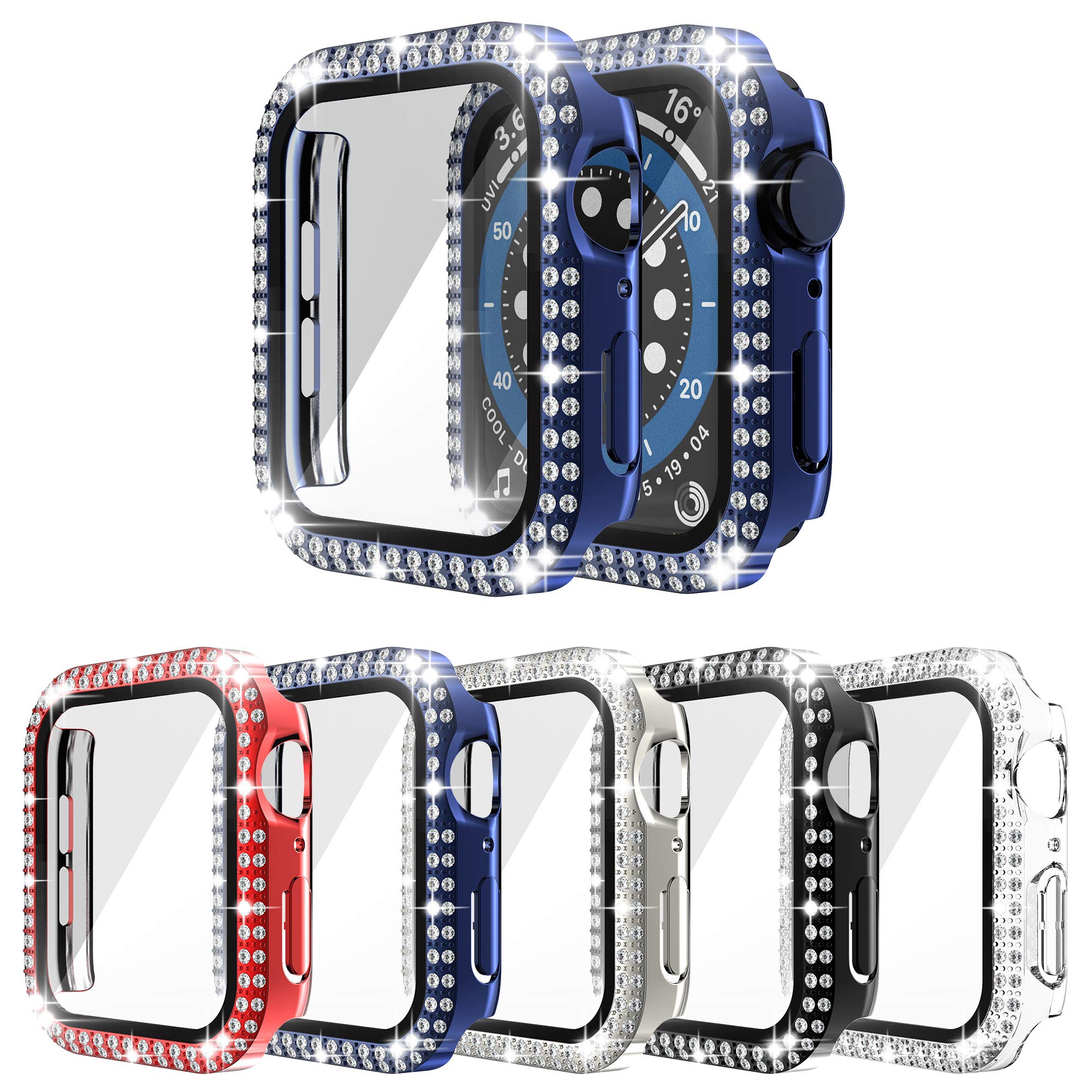 [5-Pack] RICHONE Bling Case Compatible with Apple Watch Series 3 2 1 38mm, Double Row Diamonds Cover with 3D Tempered Glass Screen Protector Bumper (Red+Navy Blue+Black+Silver+Clear, 38mm)