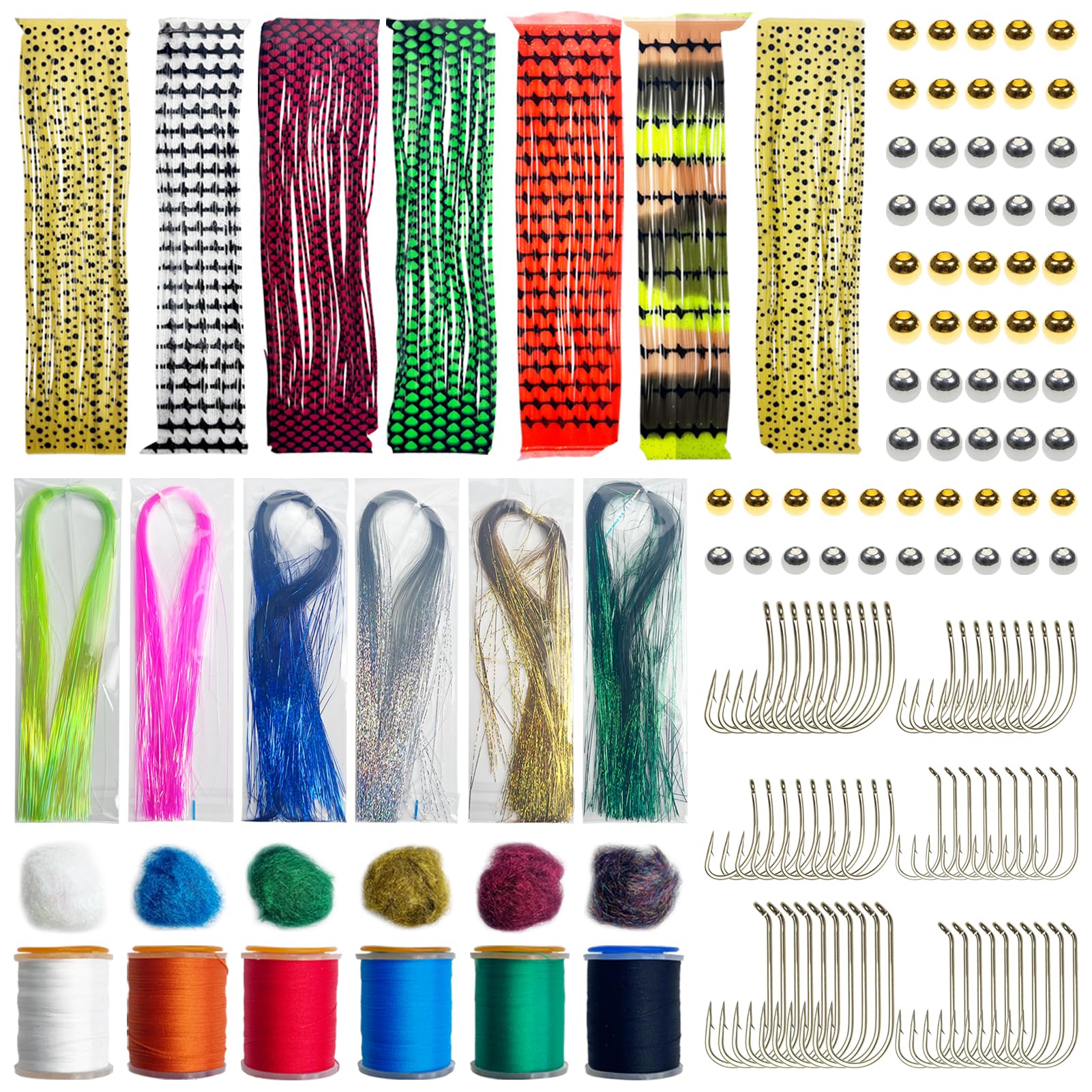 Fly Tying Material Kit Flashabou Dubbing Threads Brass Beads Silicone Rubber Legs Hooks Fly Tying Tools Kit