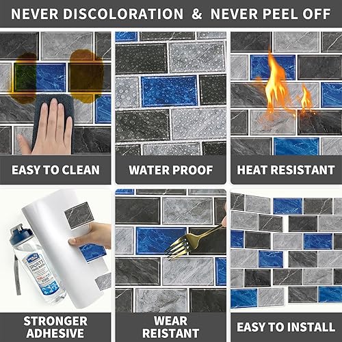 Miniatura 4 de URCOLOR 10 hojas para despegar y pegar para pared de cocina, salpicaduras traseras de 12 x 12 pulgadas para baño, aspecto de mármol gris y azul
