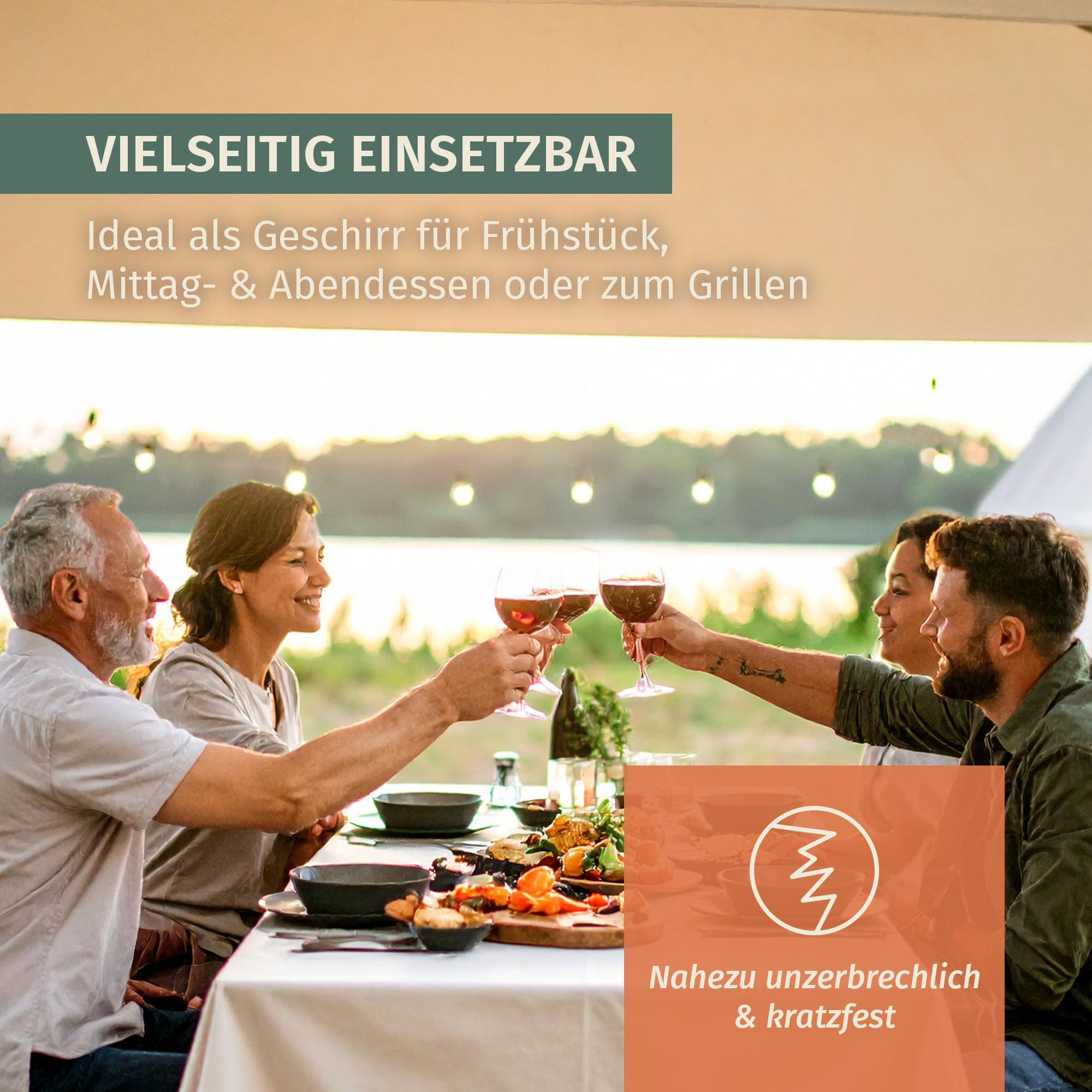 Melamina zestaw naczyń kempingowych dla 4 osób, Stone Blue + 4 kieliszki do czerwonego wina Milano, kieliszki do wina, naczynia stołowe, piknikowe naczynia do grillowania