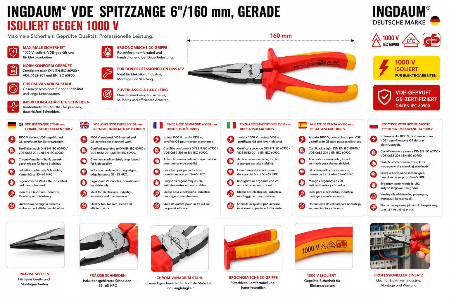 Alicates de punta fina ingdaum® VDE 160 mm, rectos | Aislados a 1000 V, Certificados GS según DIN EN IEC 60900, Acero cromo-vanadio, Mangos ergonómicos 2K, 6 pulgadas
