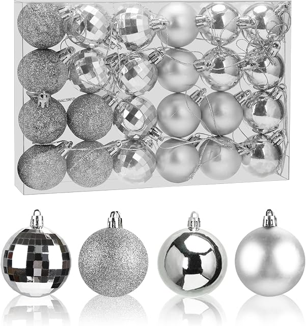 Aitsite Christmas Baubles 24 Pcs Christmas Tree Decoration Shatterproof Xmas Tree Baubles 4CM Mini Christmas Hanging Ball Decoration Ornamentsl for Home Festival Party Decoration (Sliver)