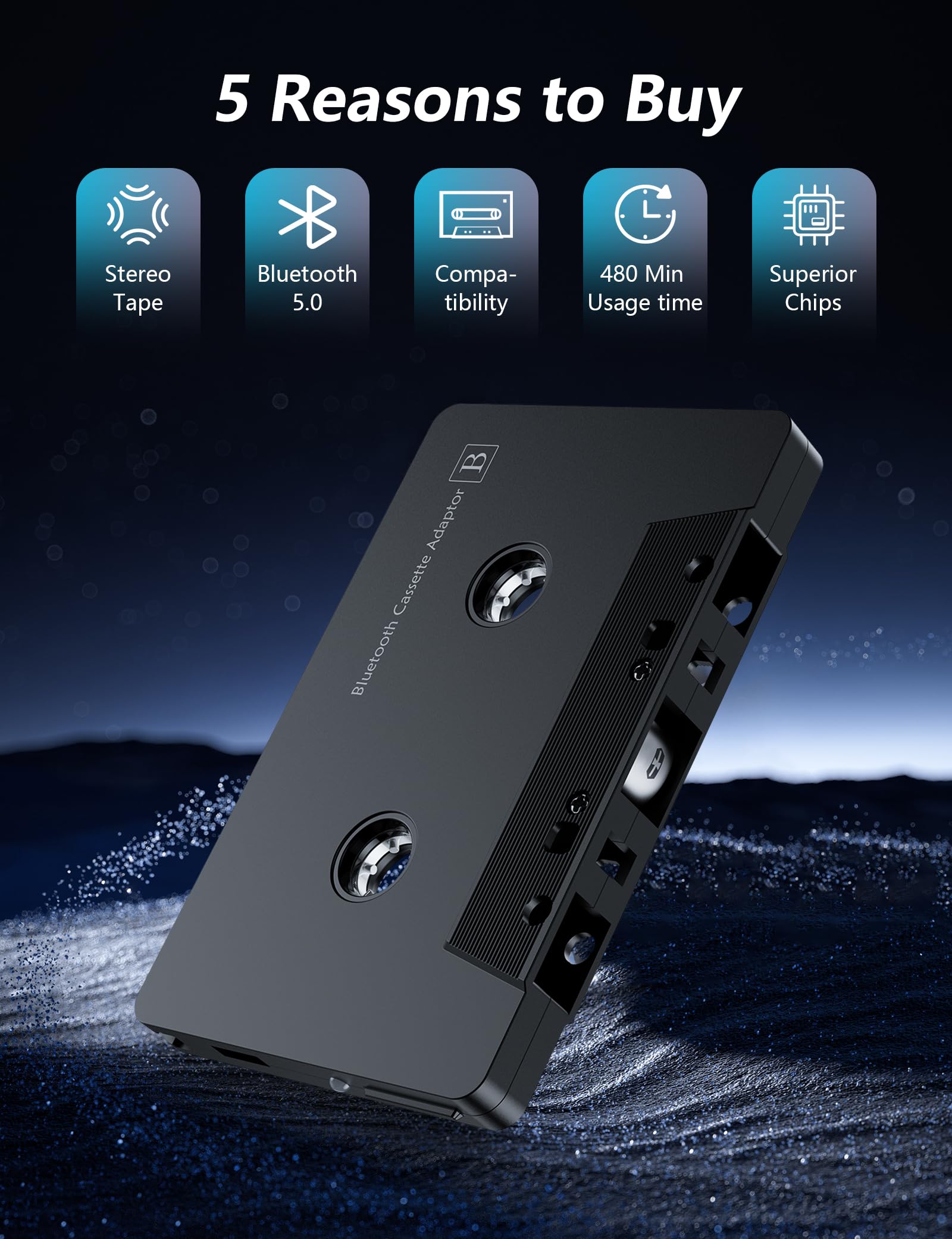Bluetooth 5.0 Kassettenadapter für Autoradio, Drahtloser Auto Audio Cassette zu AUX Adapter mit Freisprechfunktion, Schwarz