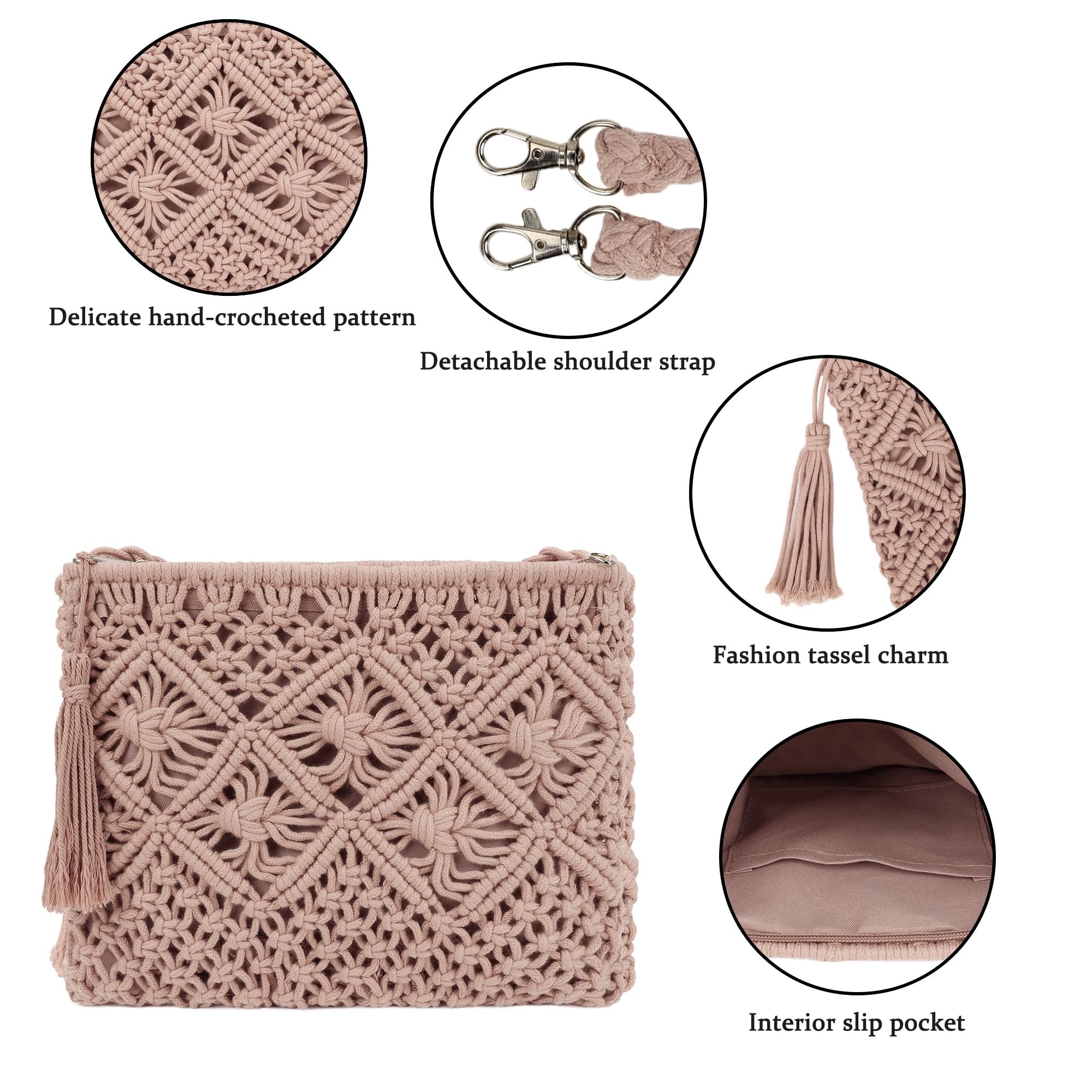 Youjaree Women Crochet Shoulder Bag Handmade Woven Beach Crossbody Handbag Satchel Purse with Tassel for Summer (A-Pink)