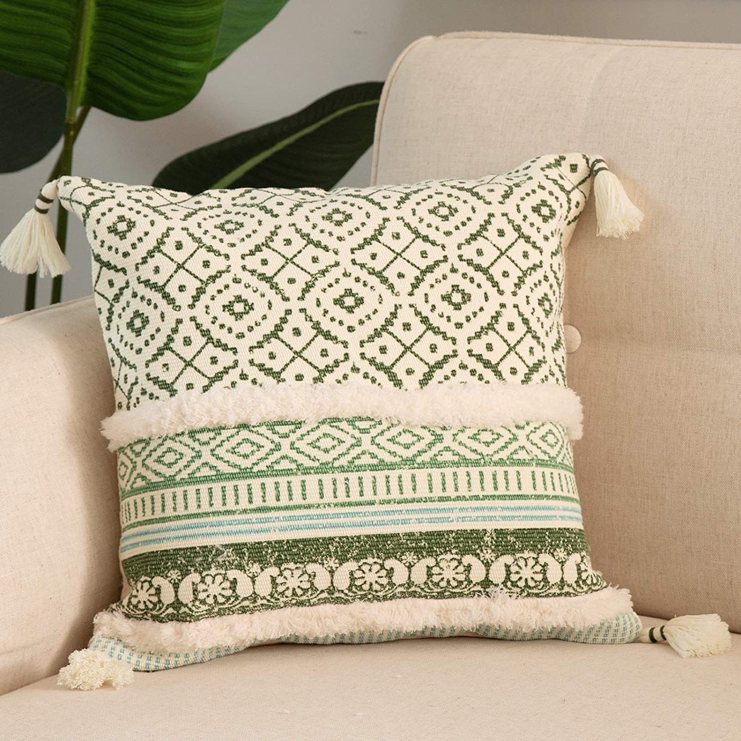Modern Homes Boho Tufted Decorative Throw Pillow Covers for Couch Sofa - Moroccan Style Cushion Covers with Tassels, Accent Decor Pillow for Bedroom Living Room (Green, 16x16 inch)