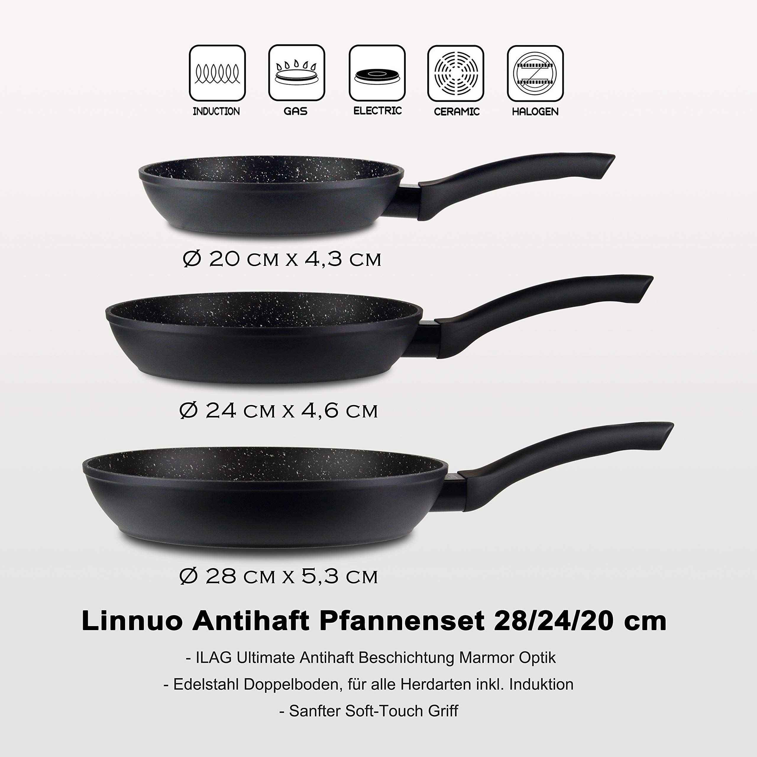 Linnuo 3tlg Pfannenset Induktion, Antihaft Beschichtete Pfanne 28 cm, 24 cm, 20 cm, Bratpfanne Induktion, Pfannen hoher Rand, Edelstahl-Boden, Griff Nicht heiß, Marmor Granit Optik | Frying Pan Set