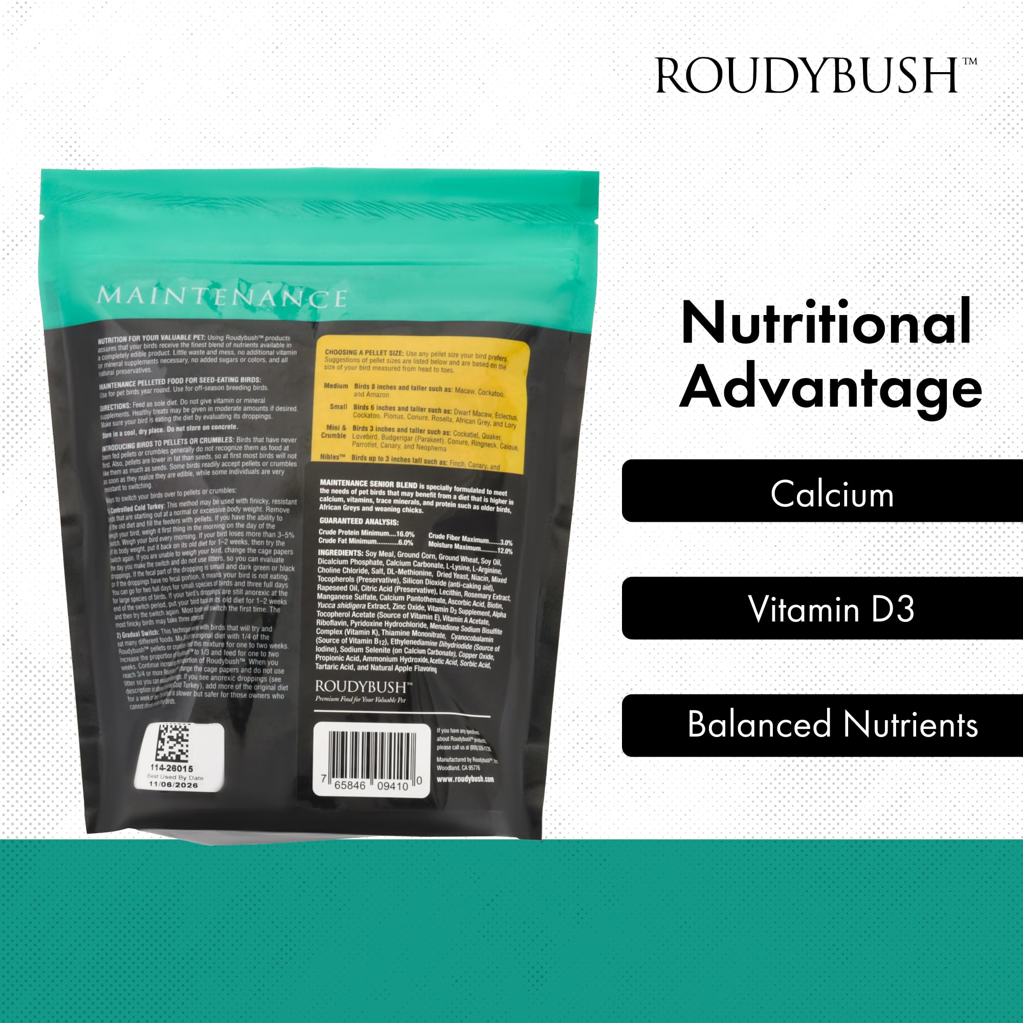 RoudyBush Senior Diet Bird Food, mini pellets, 44 onzas