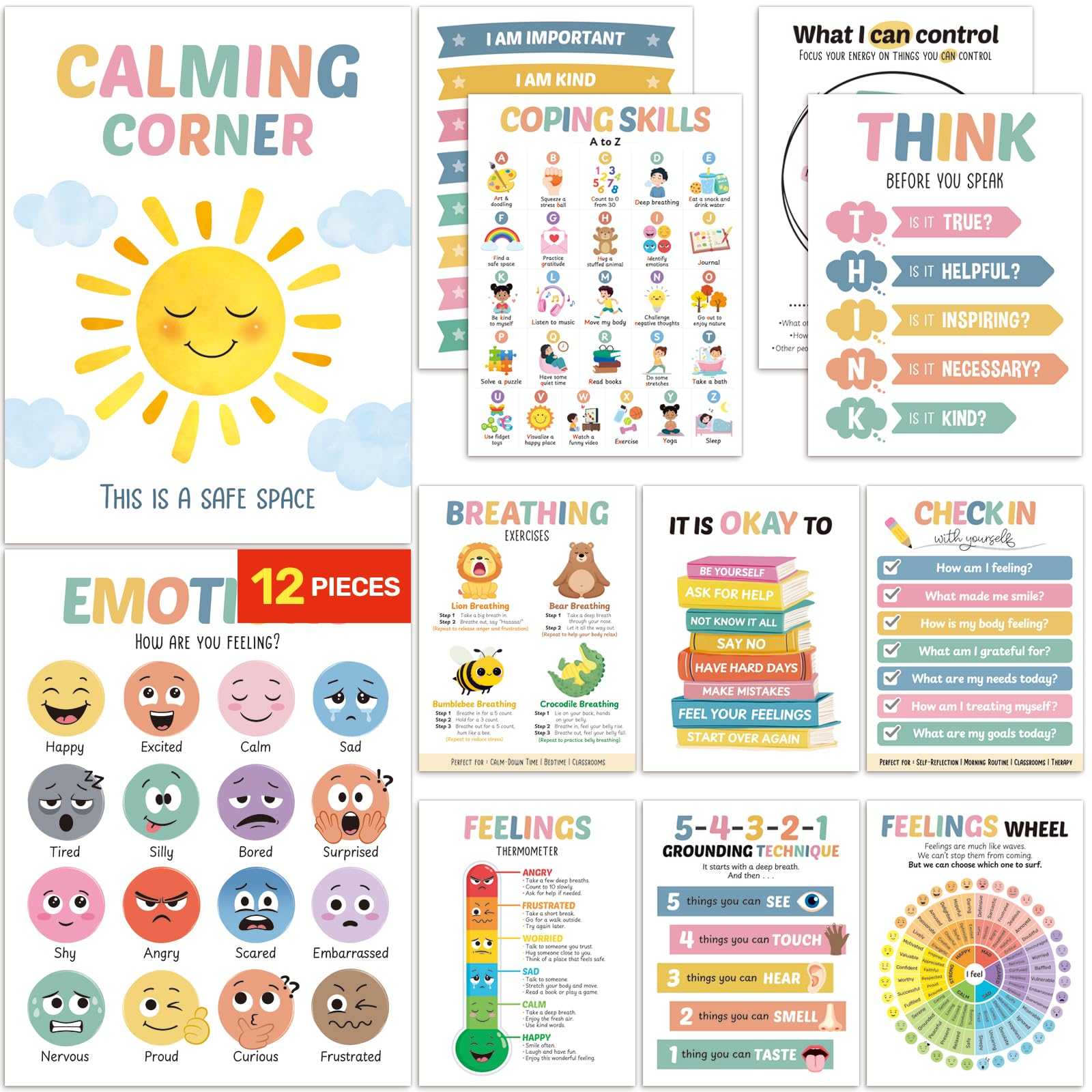 DECOWALL 12 Calming Corner Poster Stickers – Peel & Stick | Emotions, Feelings Wheel, Breathing & Coping Skills | No-Damage Removable Wall Charts for Kids | Classroom & Home (PS12-02)