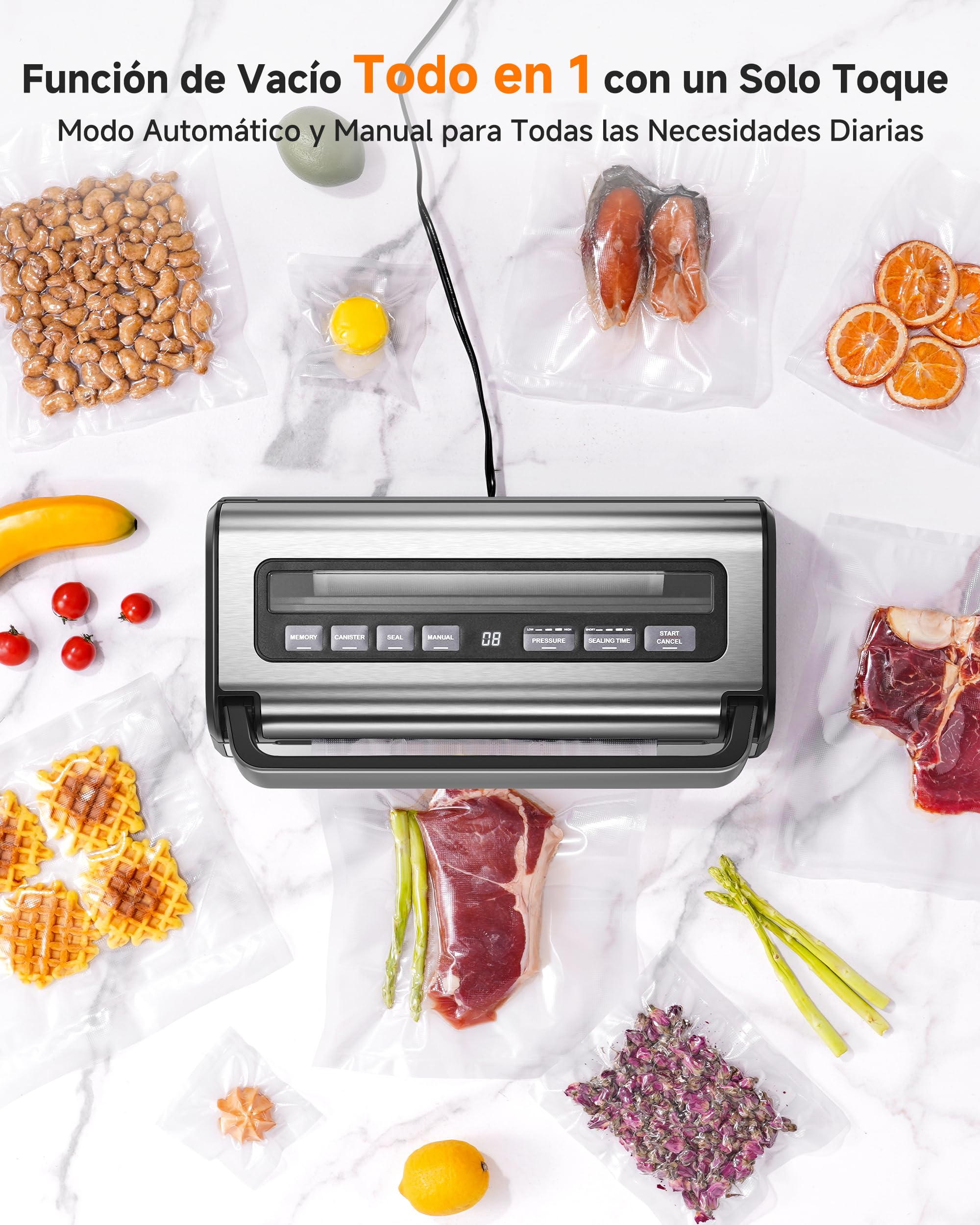 Envasadora al Vacio 95 kPa, 9-in-1 Envasadora al Vacio Domestica con Modo Tiempo & Presión Ajustables, Memoria, Doble Sellado, Cortador & Almacenamiento Integrados, Incl. 2 Rollos & Manguera