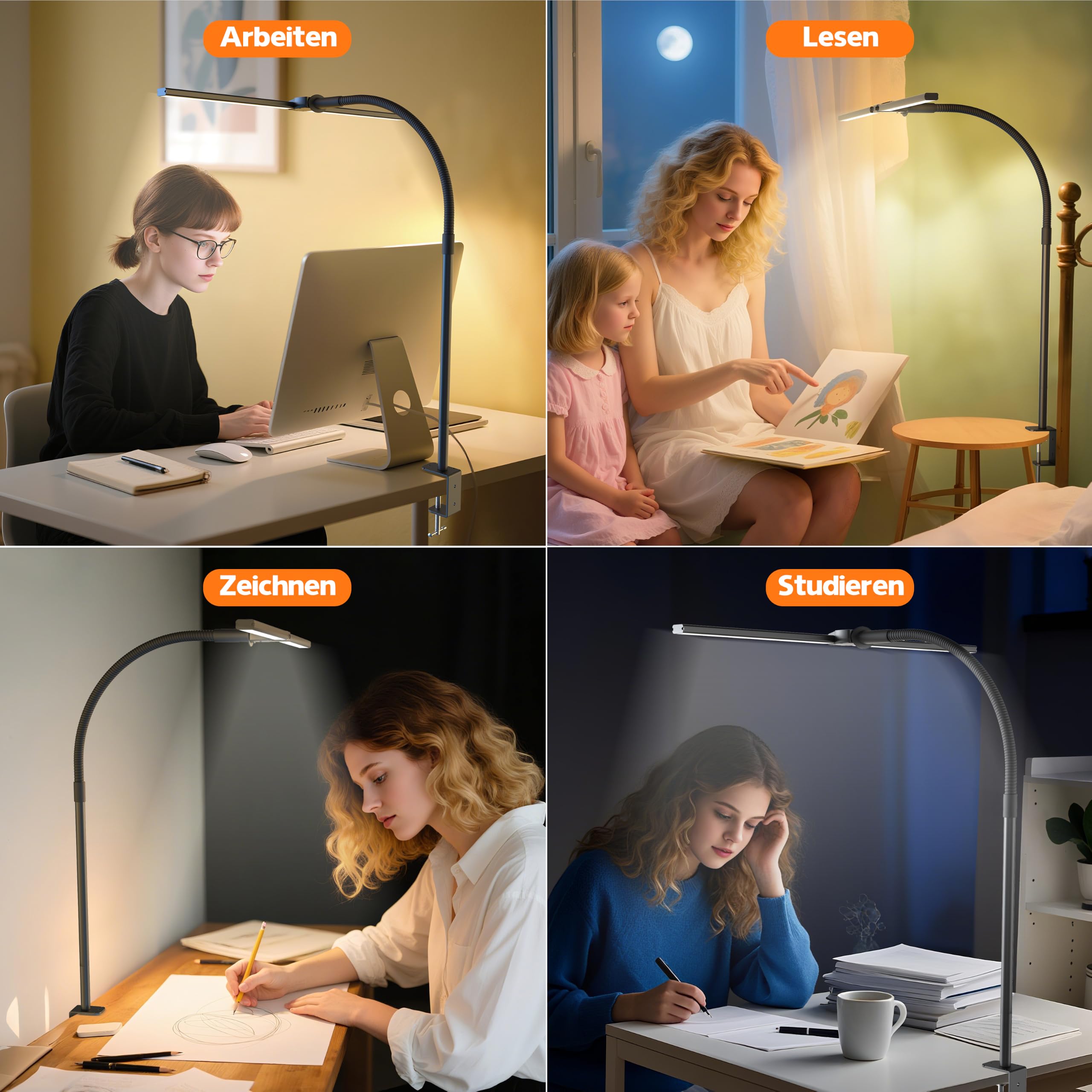 Doppelkopf Schreibtischlampe LED Dimmbar，1200 Lumen Schreibtischleuchte klemmbar mit 5 Farbtemperaturen und 5 Helligkeiten für Home Office，Augenschutz büro tischlampe mit Schwanenhals,Monitor Lampe