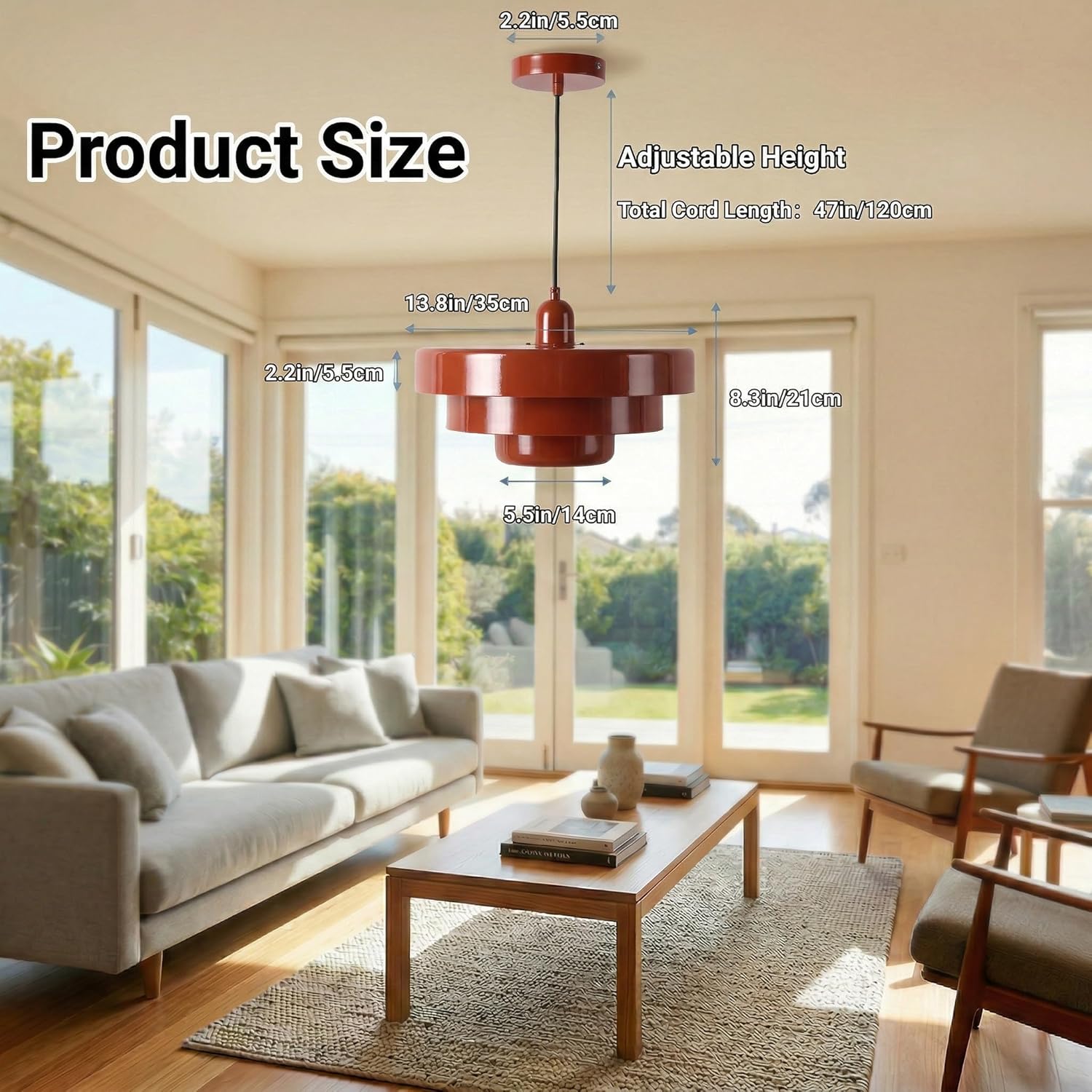 Modern Tiered Metal Pendant Light, Adjustable Height Ceiling Light Fixture, All-Metal Construction, Mid-Century Pendant Lighting for Kitchen Island Dining Room Living Room Hallway(Glossy Retro Red)