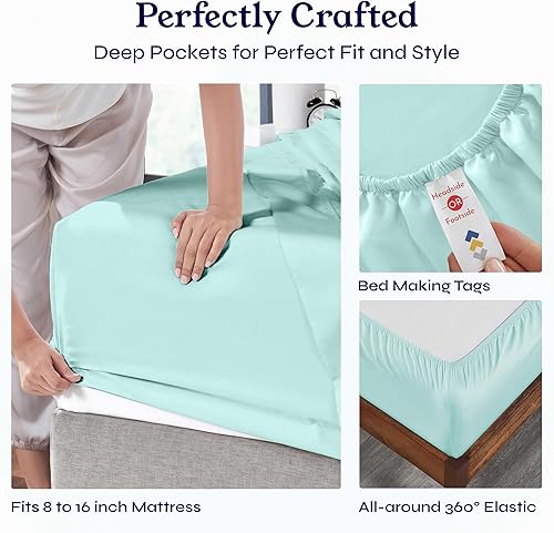 Vista 303 de Juego de sábanas de 400 hilos y 6 piezas, tamaño King, con 4 fundas de almohada, ropa de cama de 100 % algodón con tejido satinado, color azul 12