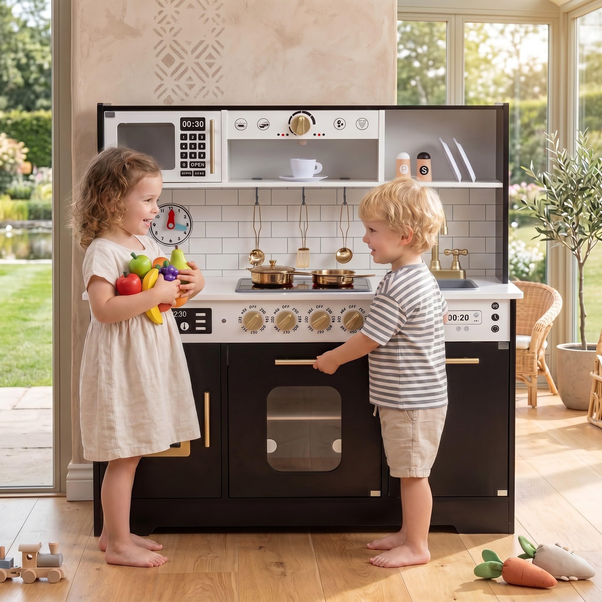 DREAMADE Kinderküche Holz, Spielküche mit Licht & Sound (Schwarz) | Kinder Küche mit Mikrowelle, Backoffen, Kaffeemaschine, Eiswürfelmaschine & Spülmaschine, Puppenküche für Kinder ab 3 Jahren