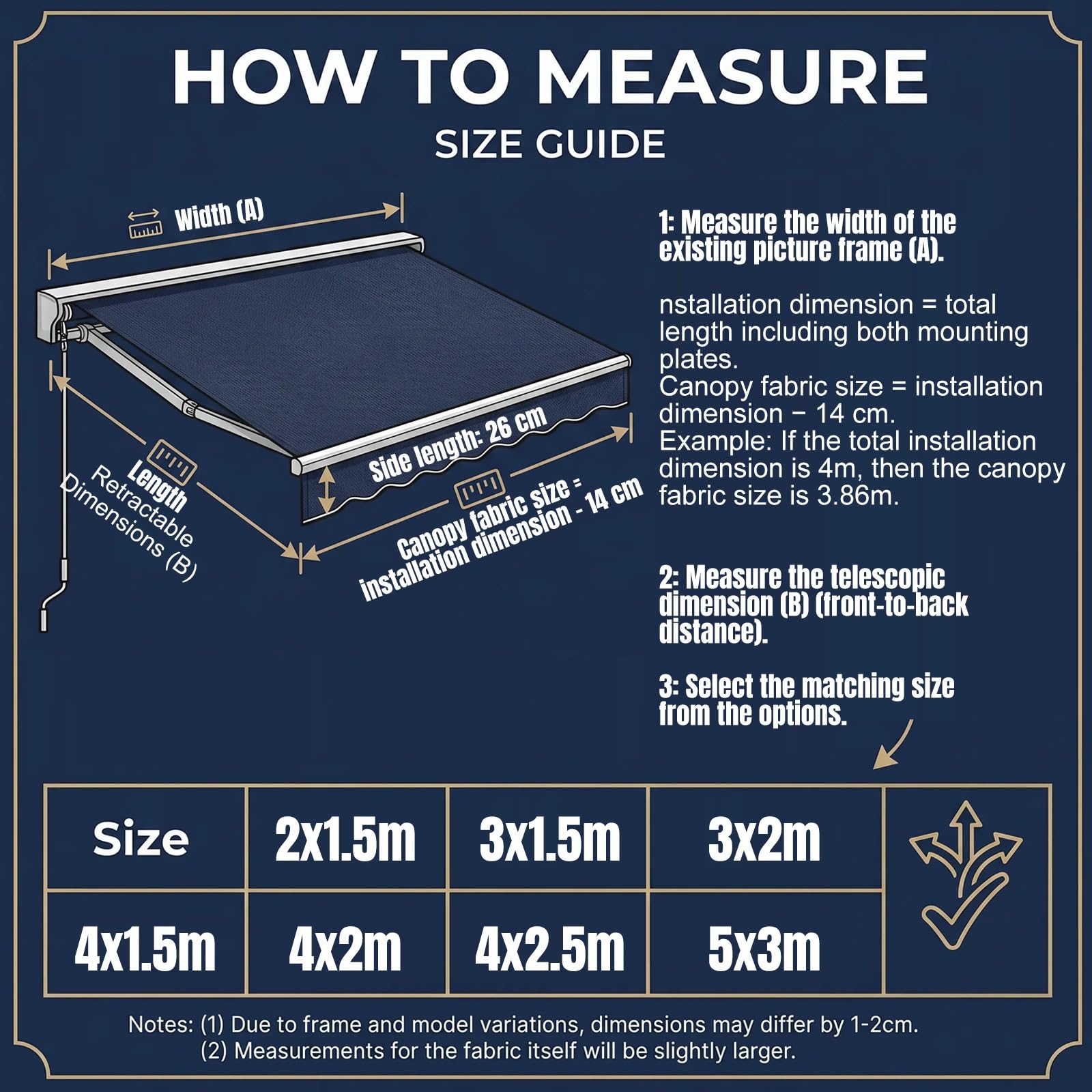 Toile de Remplacement pour Store Banne Rétractable – Tissu Polyester Imperméable Anti-UV 300g/m² avec Lambrequin, 200/250/300/360/400/500 cm – Auvent de Rechange pour Terrasse, Jardin, Balcon
