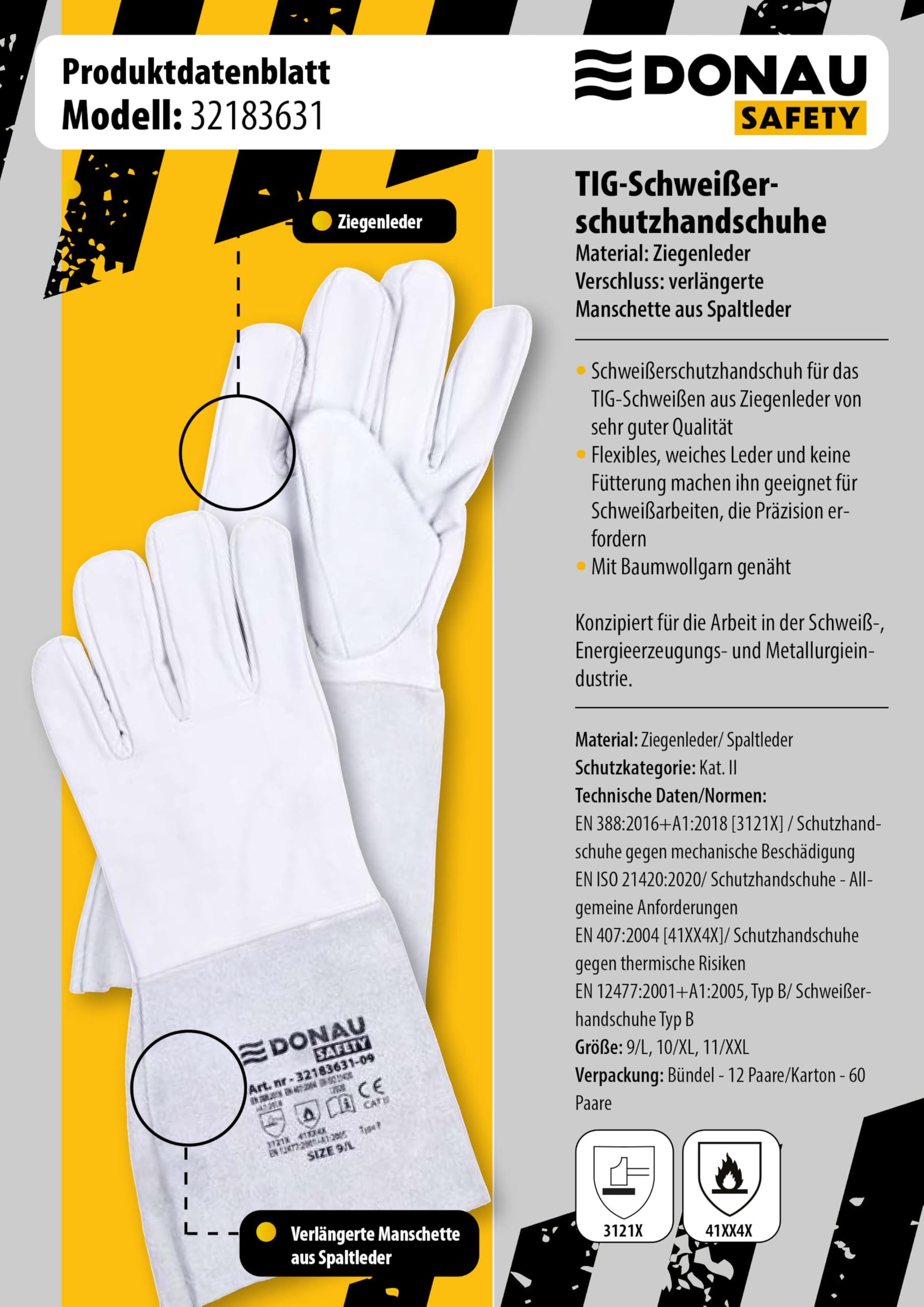 DONAU SAFETY Guante de soldador de piel de cabra para soldadura TIG/talla 9, 1 par/tacto suave, muy suave y cómodo/guantes de trabajo de cuero/guantes de protección