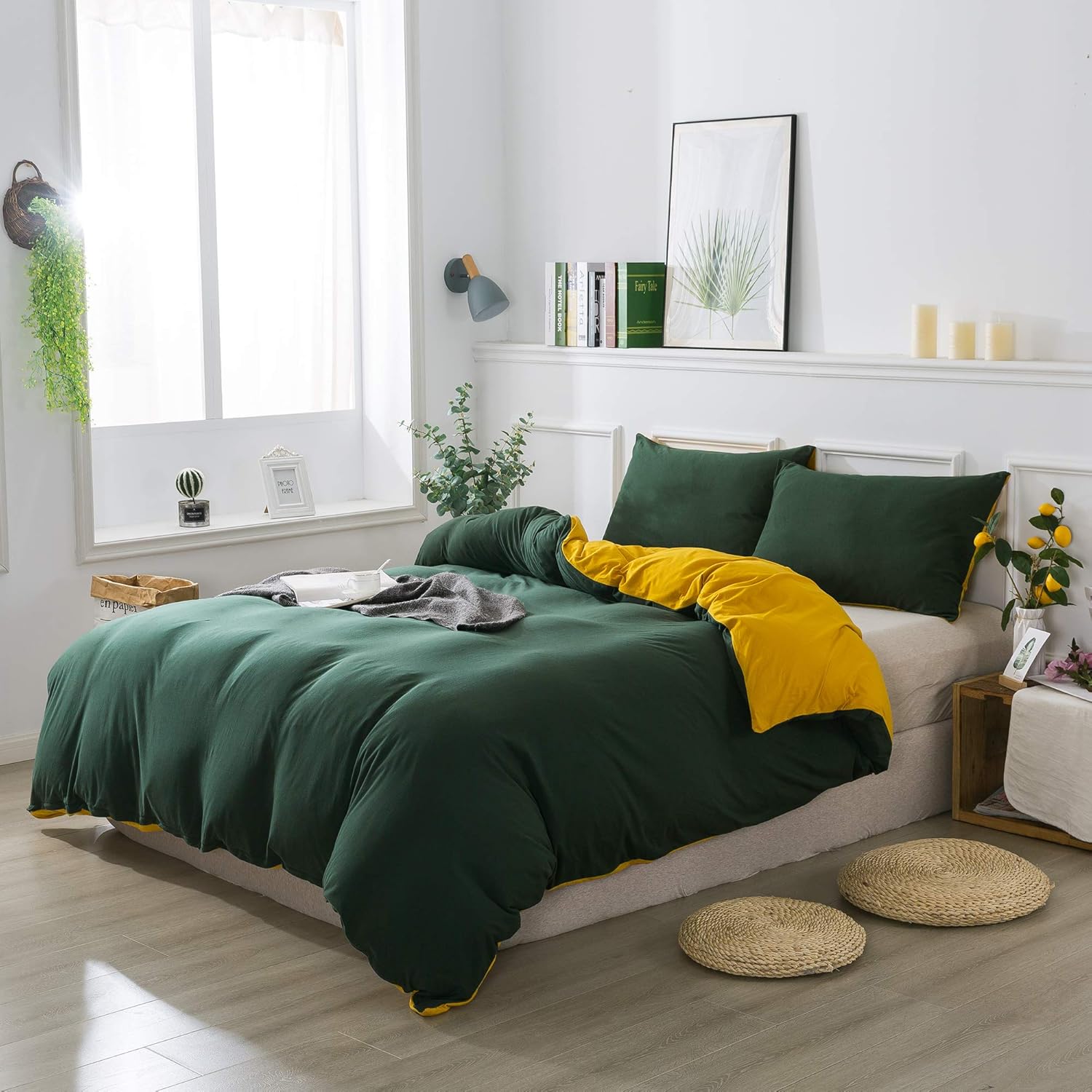 70% оƒƒ Evеrуthіng Household 3-Piece Duvet Cover Queen, 100% Jersey Knit Cotton Duvet Cover, Ultra Soft and Easy Care, Simple Style Bedding Set (Dark Green and Yellow, Full/Queen)