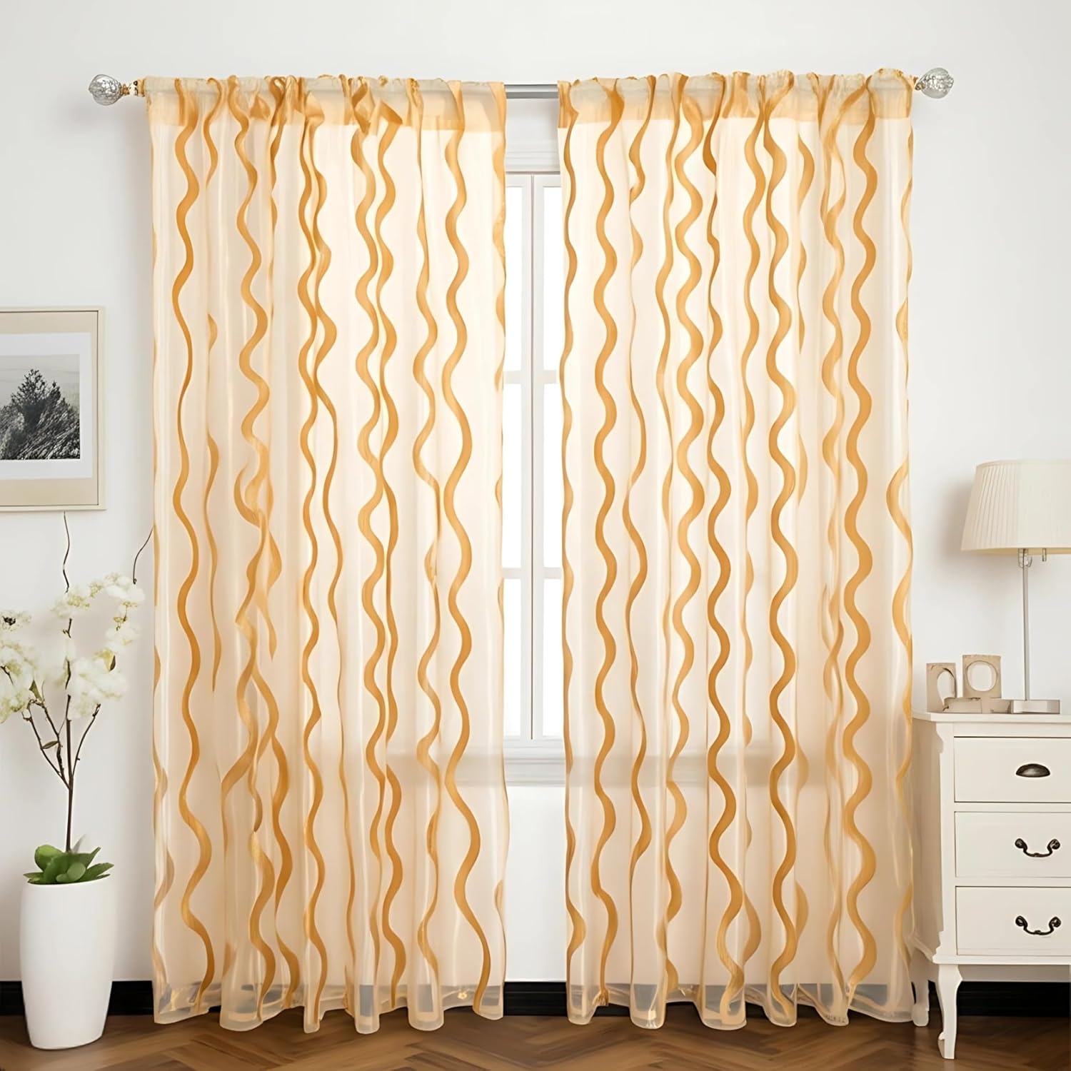 Beige Brown Gold Voile Sheer Curtains 63 inch Length Rod Pocket Window sheers Drapes Transparent Light Filtering Privacy Home Office Living Room Kitchen Bedroom Curtains 2 Panels Set 47" W x 63" L