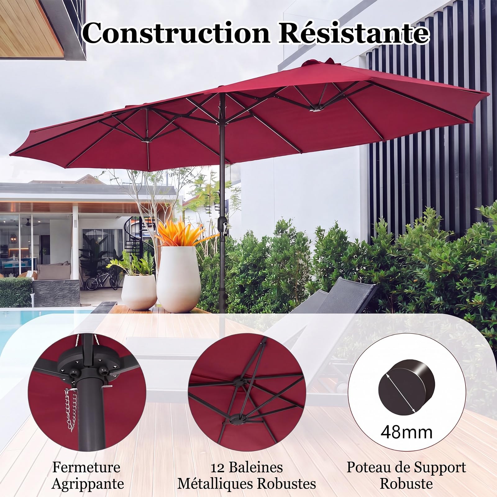 RELAX4LIFE Parasol de Jardin Extérieur 470X280 CM, Grand Parasol Double pour Jardin Terrasse Patio, Protection UV, Belaines Métalliques, Polyester Haute Densité, Manivelle, avec Attache (Bordeaux)