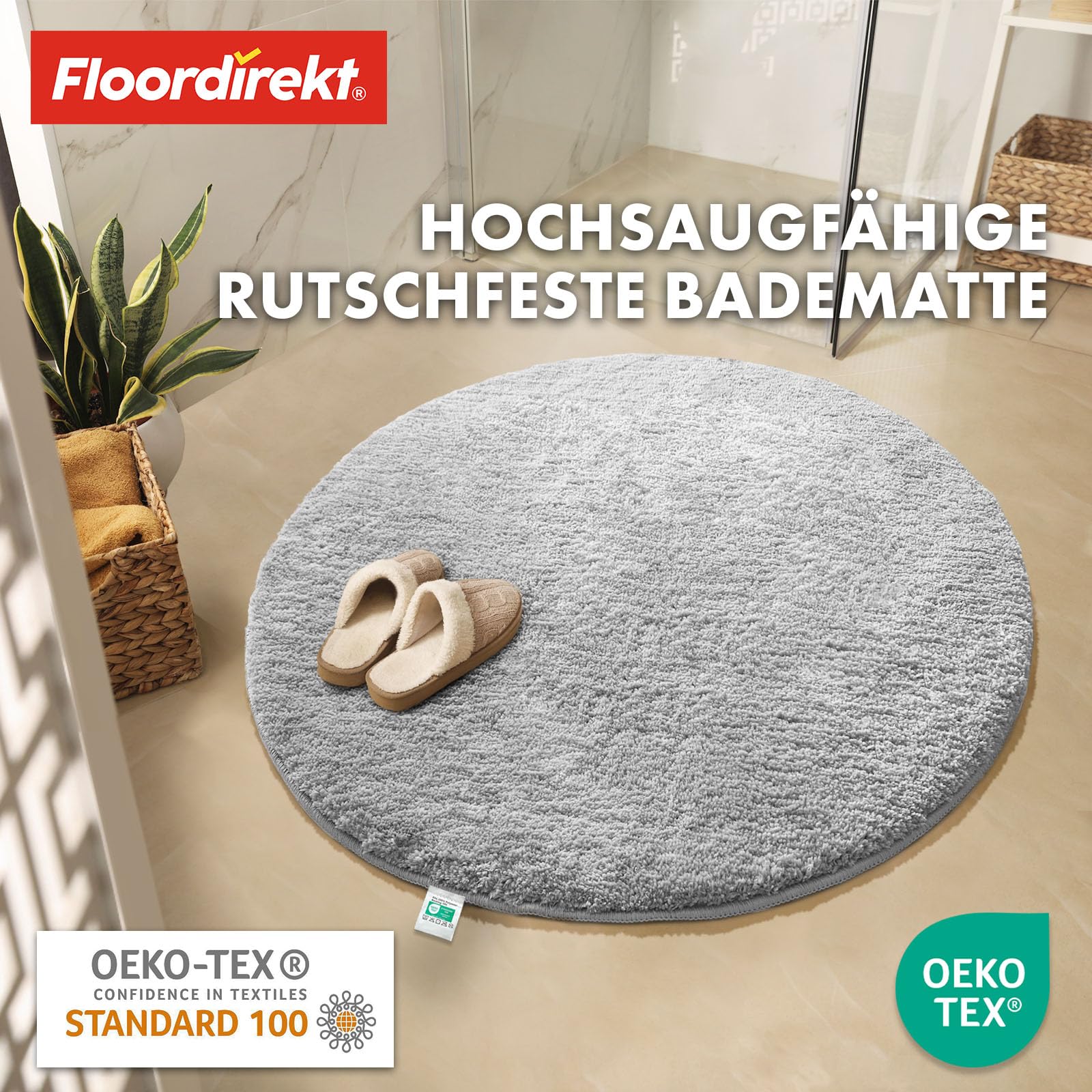 Floordirekt Badematte Sky Soft | Eckig & Rund | Badezimmerteppich | Extra flauschig | rutschfest & Schnell trocknend | Viele Farben & Größen (Rund | Ø 120 cm, Weiß)