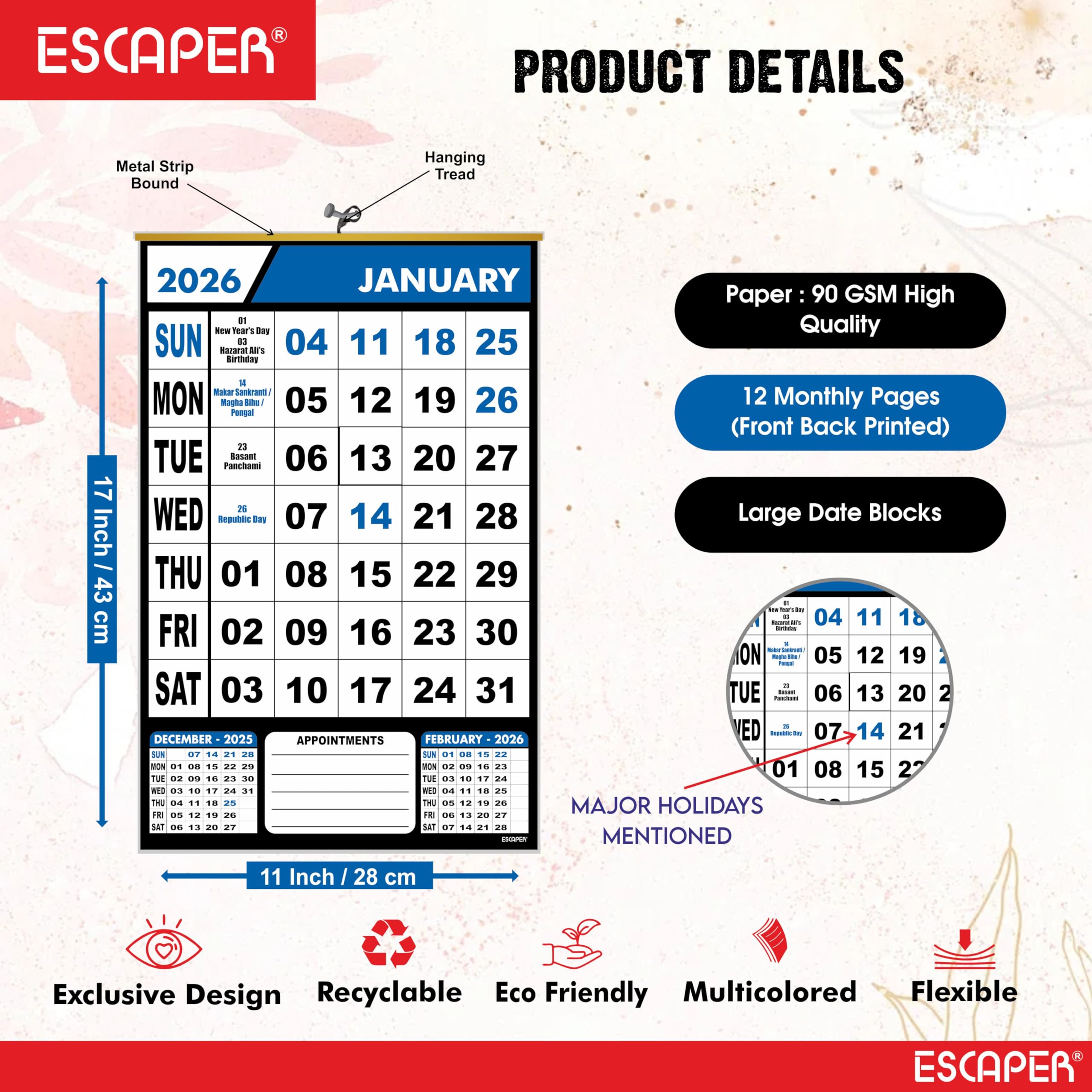 ESCAPER Calendario de pared azul 2026, calendario colgante grande con vacaciones indias, planificador mensual, papel de 100 g/m², diseño fácil de colgar, calendario de Año Nuevo 2026