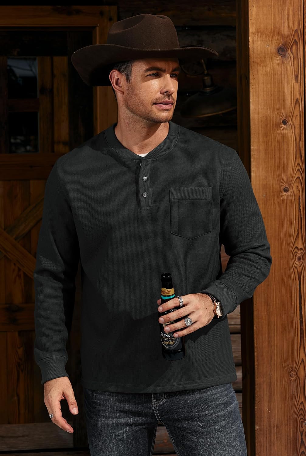 Mens Waffle Fleece-Lined Henley Shirts Heavyweight Thermal Long Sleeve Casual Knit Pullover (S-XXL) - Image 3