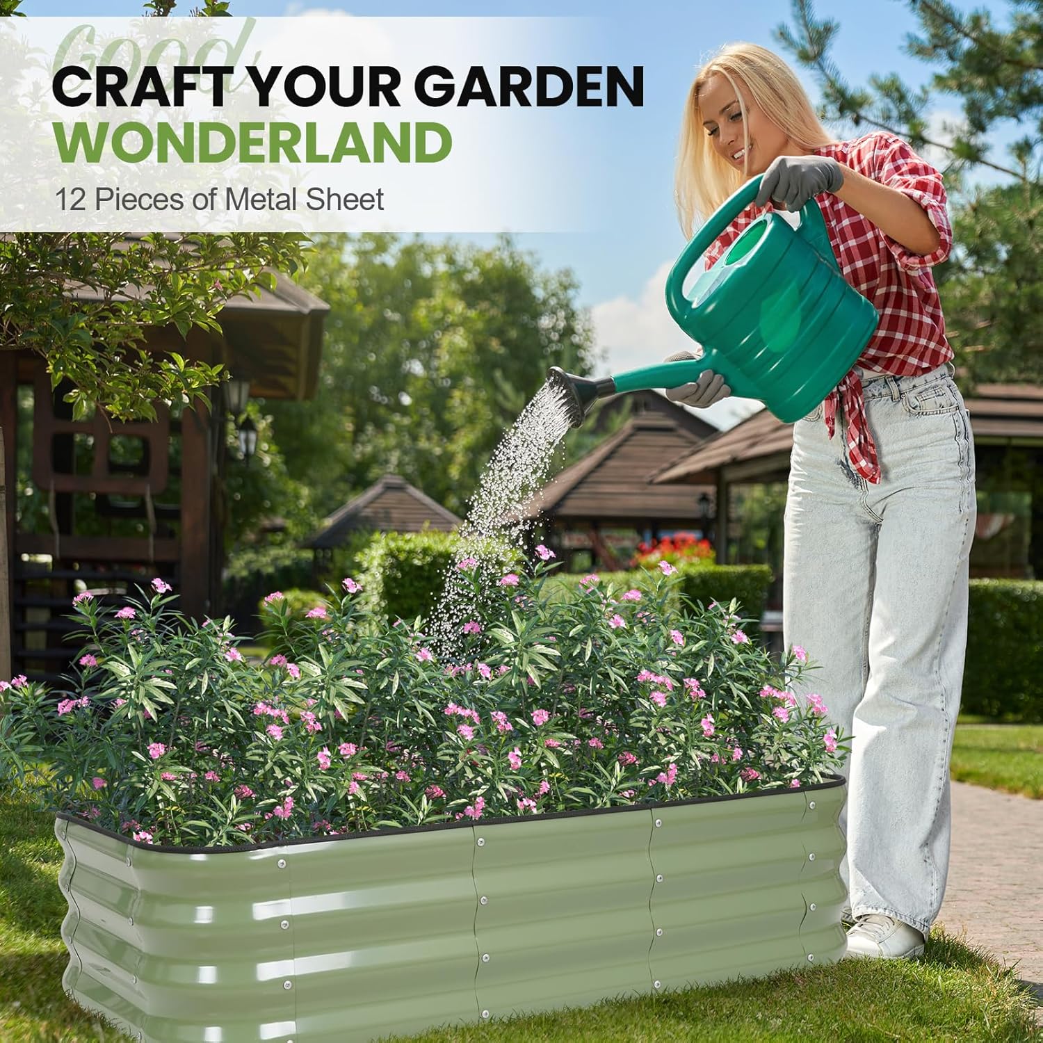 G GOOD GAIN 3-in-1 Adjustable Raised Garden Bed Kit | Galvanized Planter Boxes for Vegetables, Flowers | 12" Tall, Multiple Sizes (4x2x1ft, 3x3x1ft, 5x1x1ft) | Outdoor Metal Raised Bed, Green