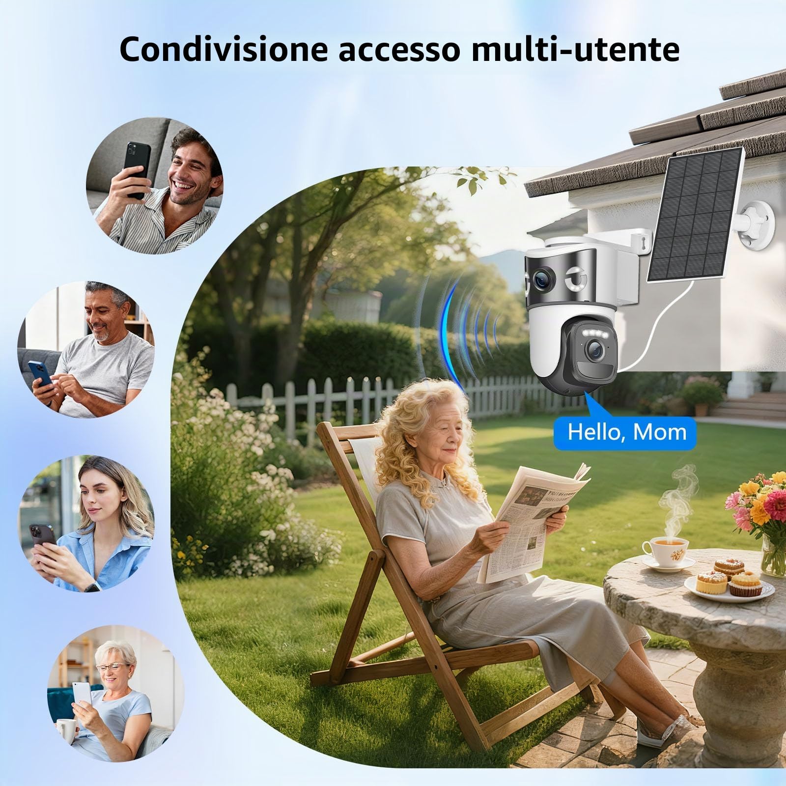 4K Telecamera Wi-Fi Esterno Senza Fili con Pannello Solare,Doppio Obiettivo Videocamera Sorveglianza WiFi,Rilevamento Umano PIR,Visione Notturna a Colori,Audio Bidirezionale,IP66