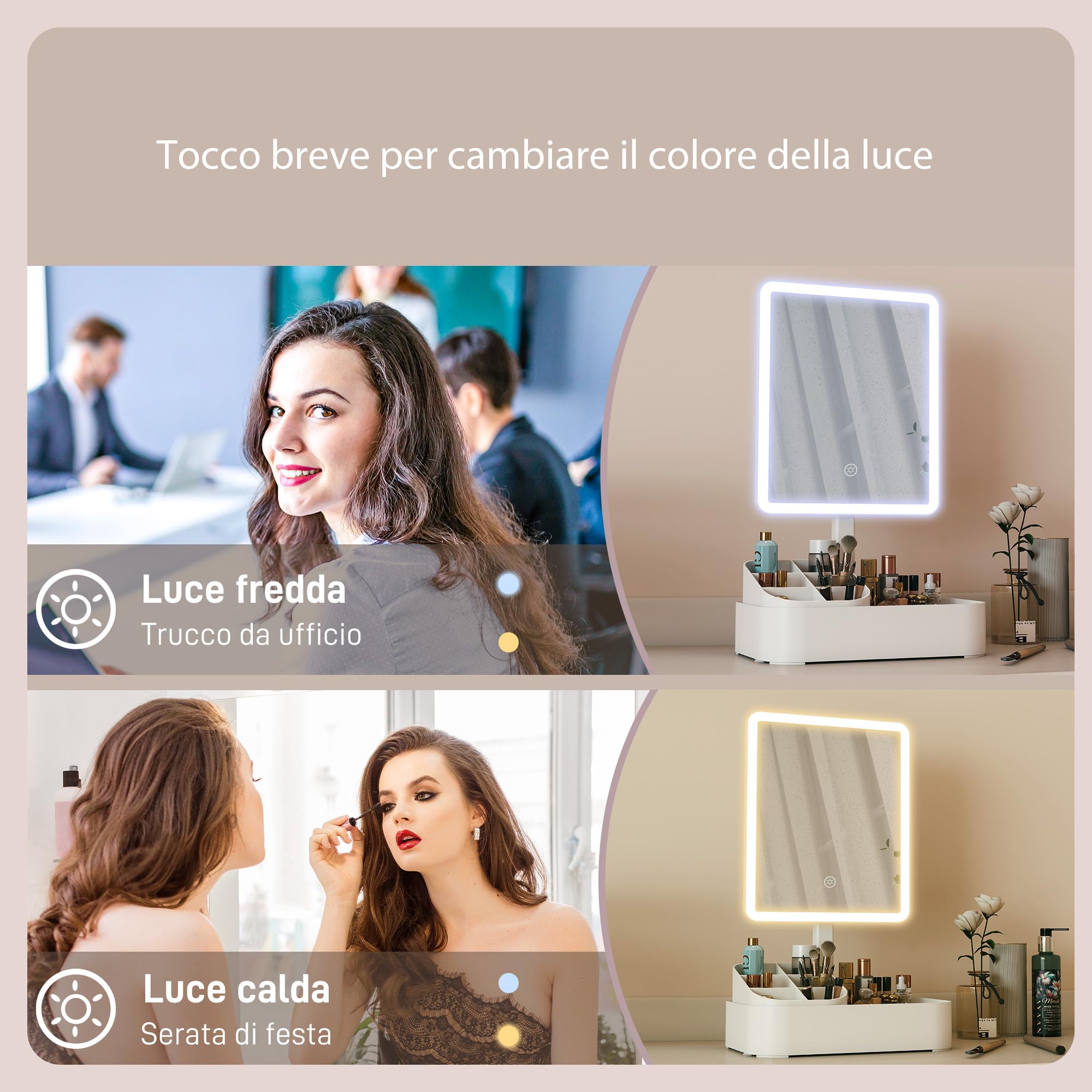 HOMCOM Specchio da Trucco con Luce Dimmerabile, Specchio Illuminato con Regolazione Touch, 2 Modalità di Illuminazione, Rotazione 180°, Specchio Rimovibile e Organizer per Trucchi, Bianco