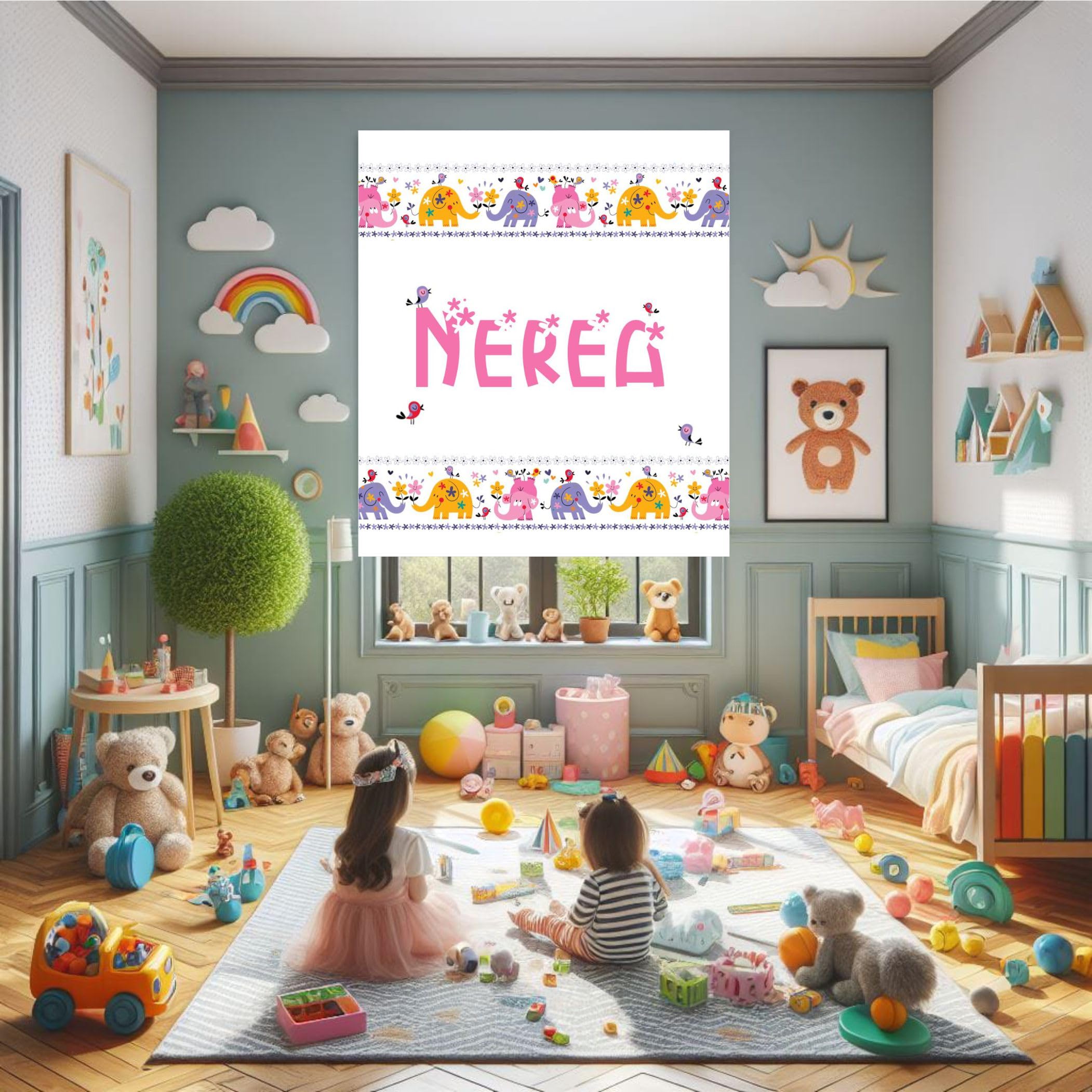 Estor Infantil Personalizado con Nombre | Estor infantil niña estampado Elefantes y Flores 010| Cortina Enrollable Translúcida para Habitación de Bebé o Niña | Hecho en España (40X60)