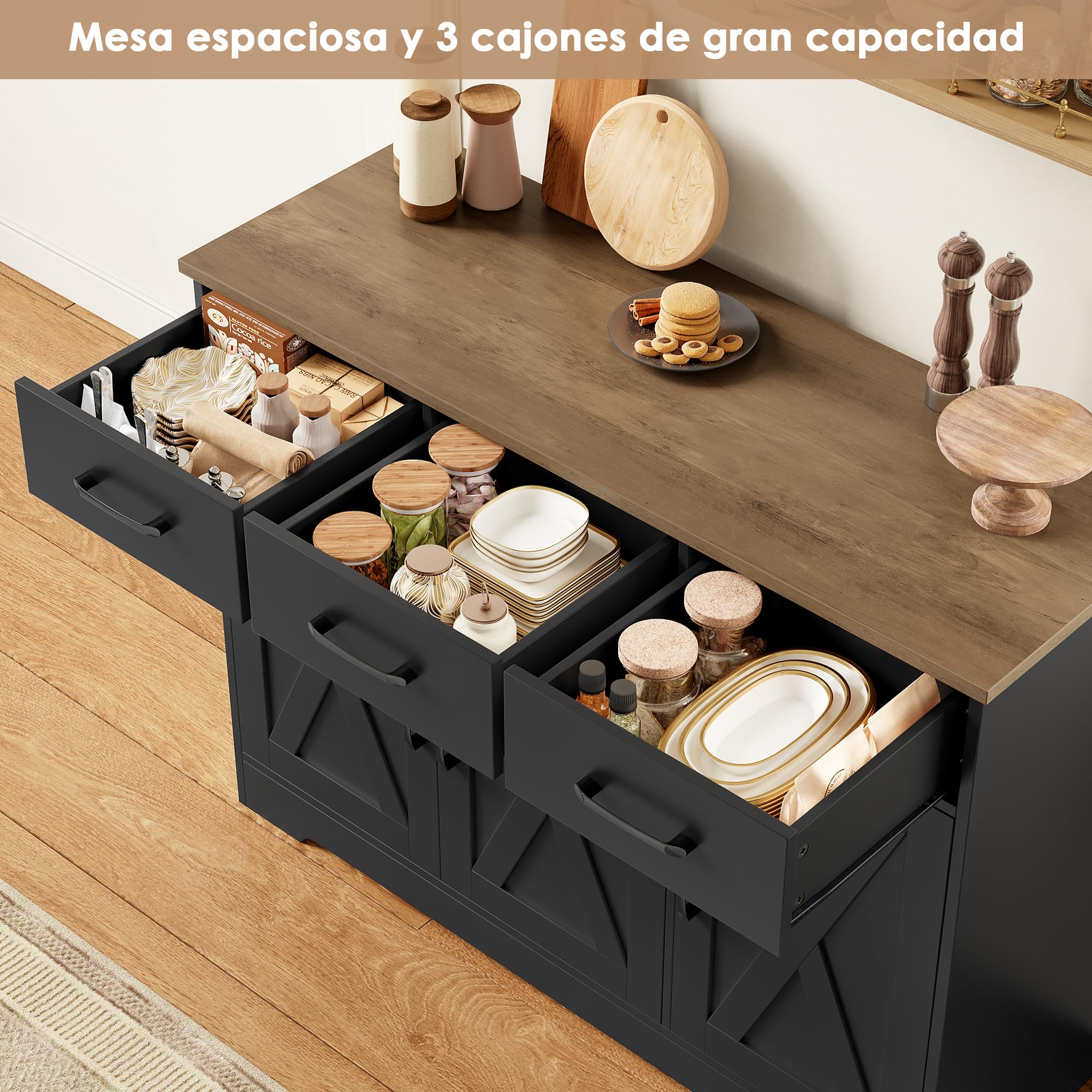 HOCSOK Aparador Cocina, Armario de Cocina con 3 Cajones y 3 Puertas, Armario de Almacenamiento para Salón, Comedor, Estantes Ajustables, Negro y Marrón | Armario buffet de cocina con 3 cajones y 3 puertas, armario de cocina para salón, cocina, comedor