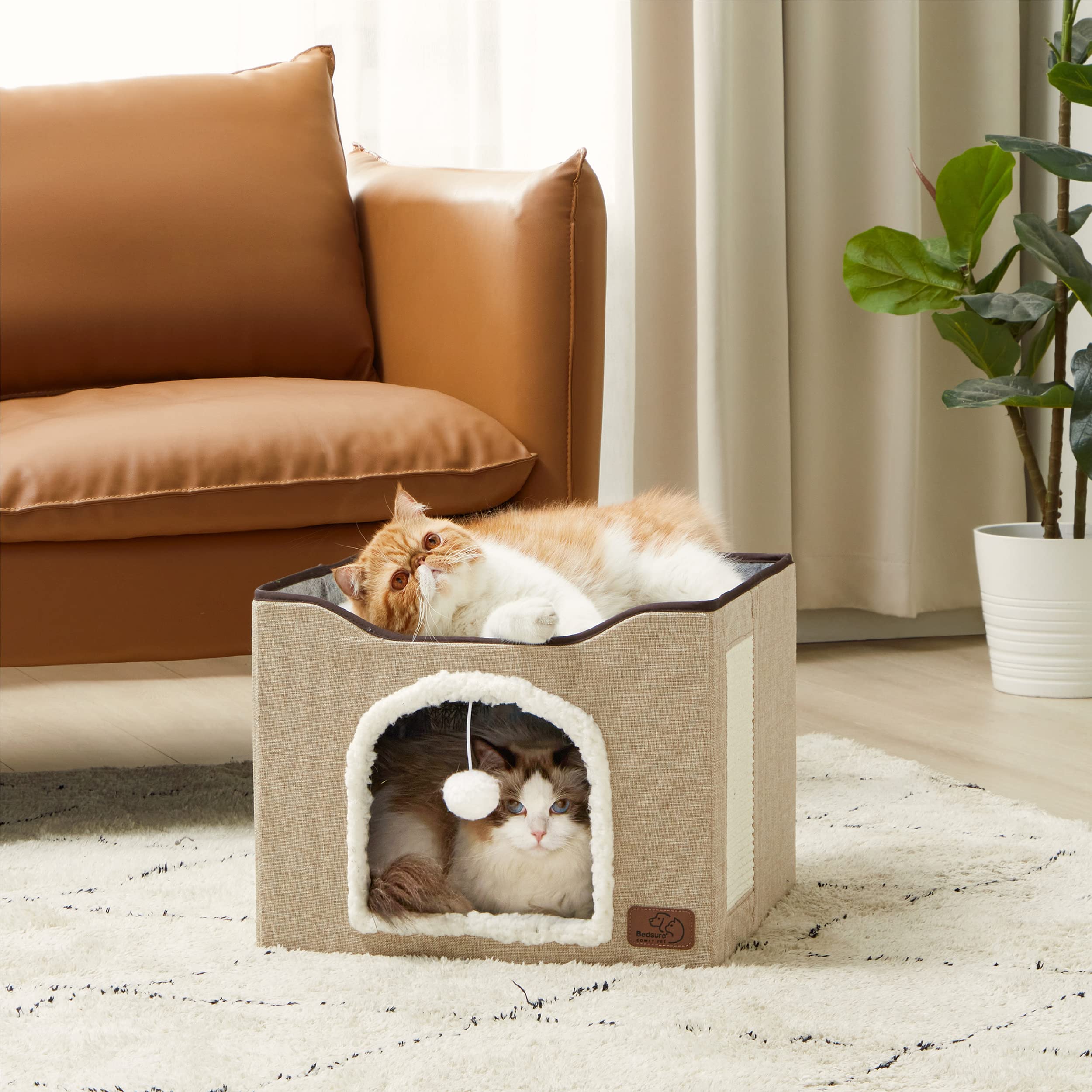 Bedsure Cat Beds for Indoor Cats -Large Cat Cave for Pet Cat House with Fluffy Ball Hanging and Scratch Pad, Foldable Cat Hidewawy,16.5x16.5x14 inches, Brown