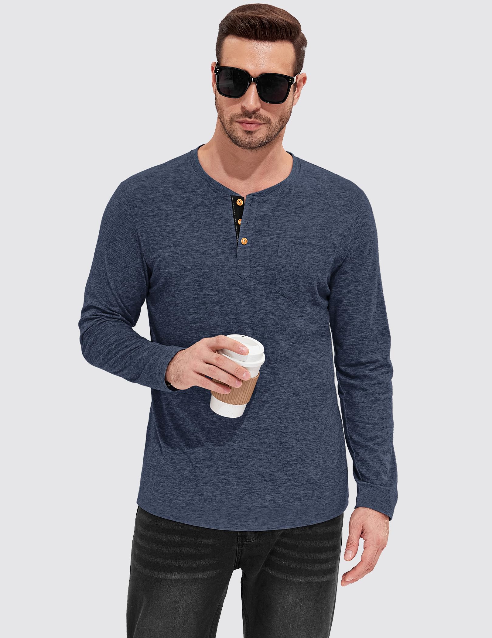 TARAINYA Henley Langarmshirt Herren Baumwolle T-Shirt M-4XL